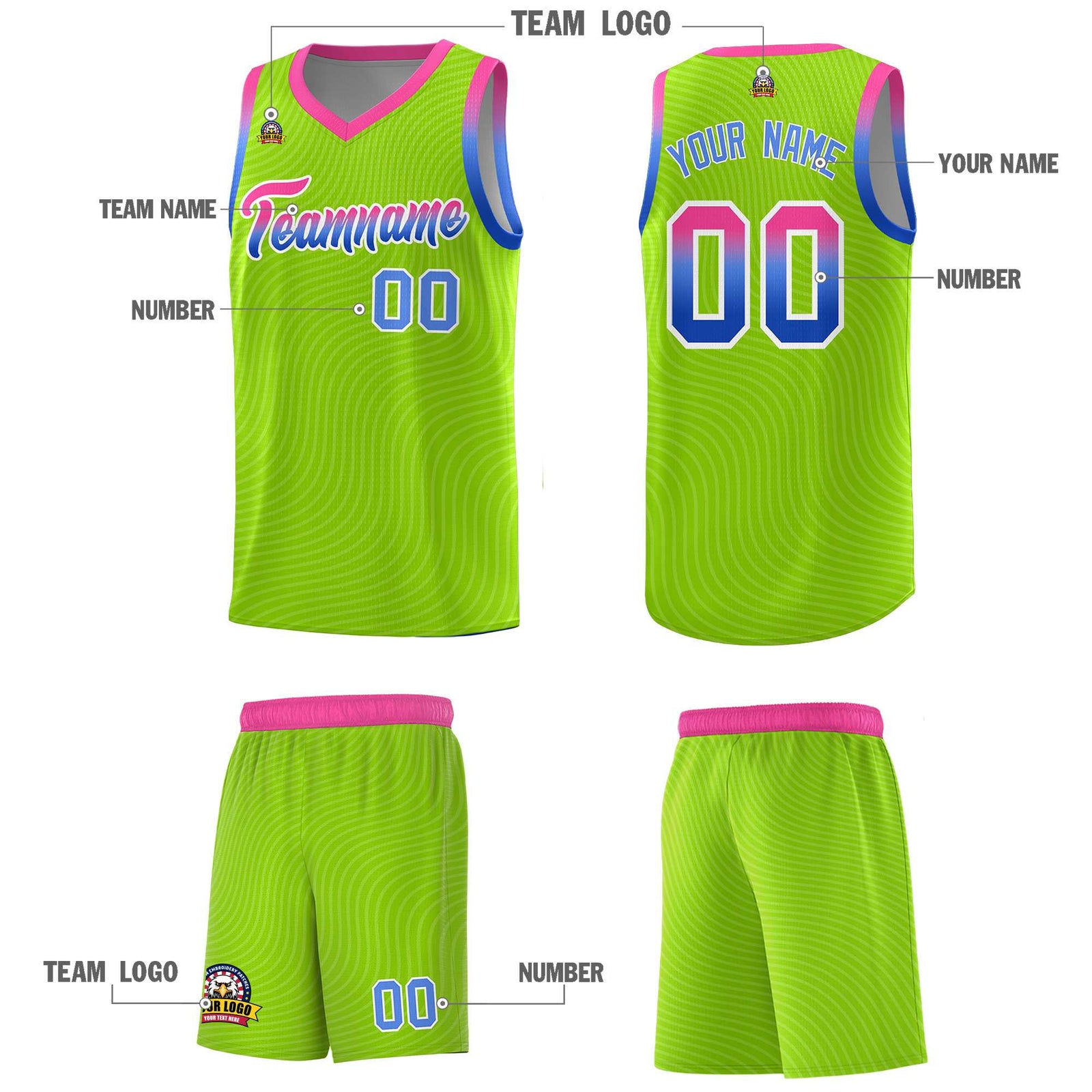 Custom Neon Green Pink Wave Pattern Sports Uniform Basketball Kits