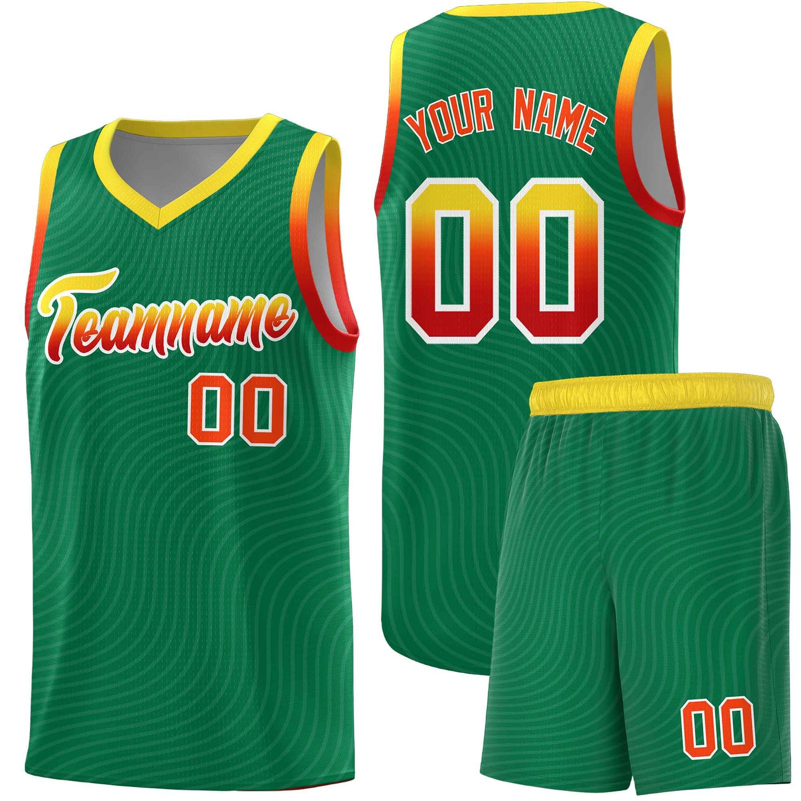 Custom Kelly Green Gold Wave Pattern Sports Uniform Basketball Kits