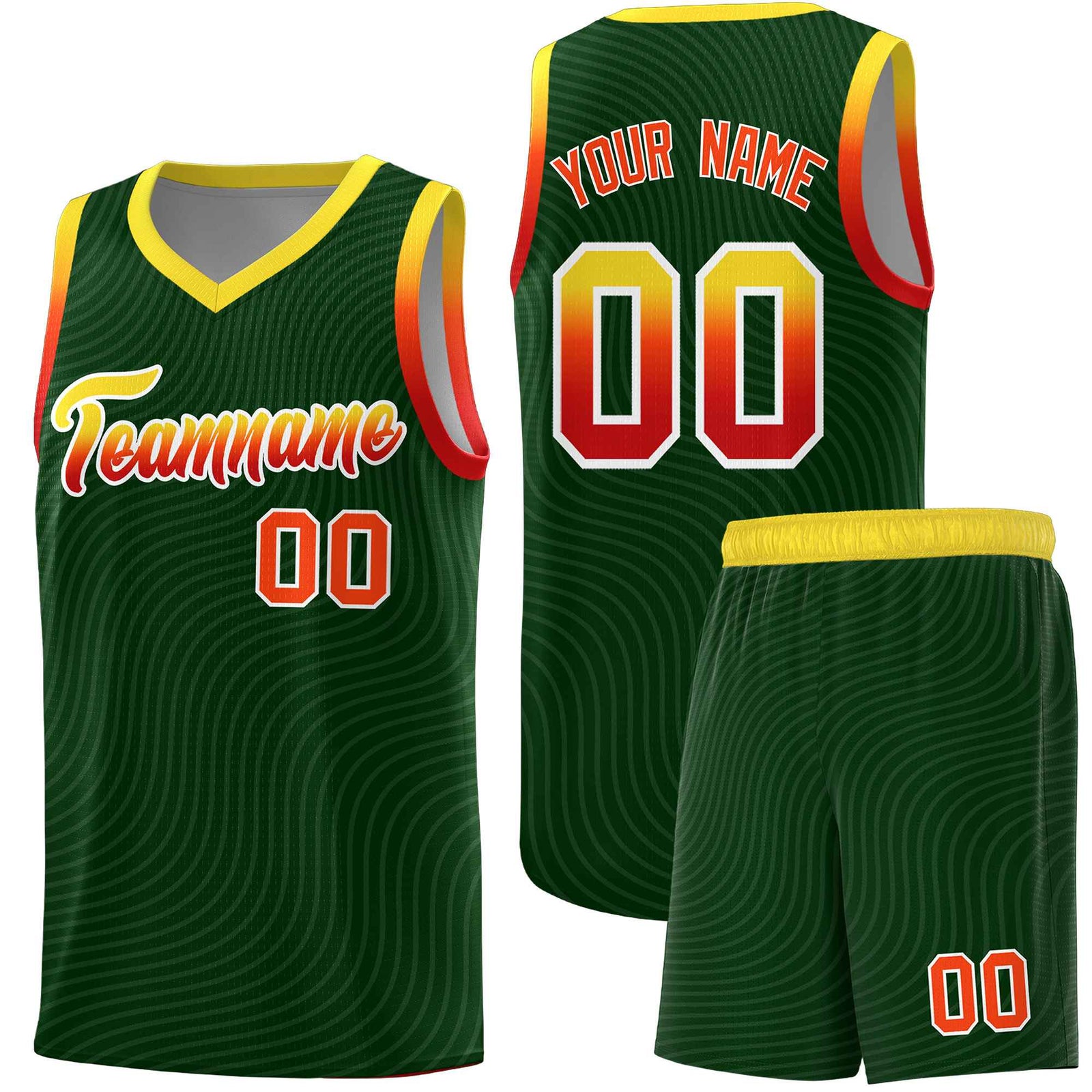 Custom Hunter Green Gold Wave Pattern Sports Uniform Basketball Kits