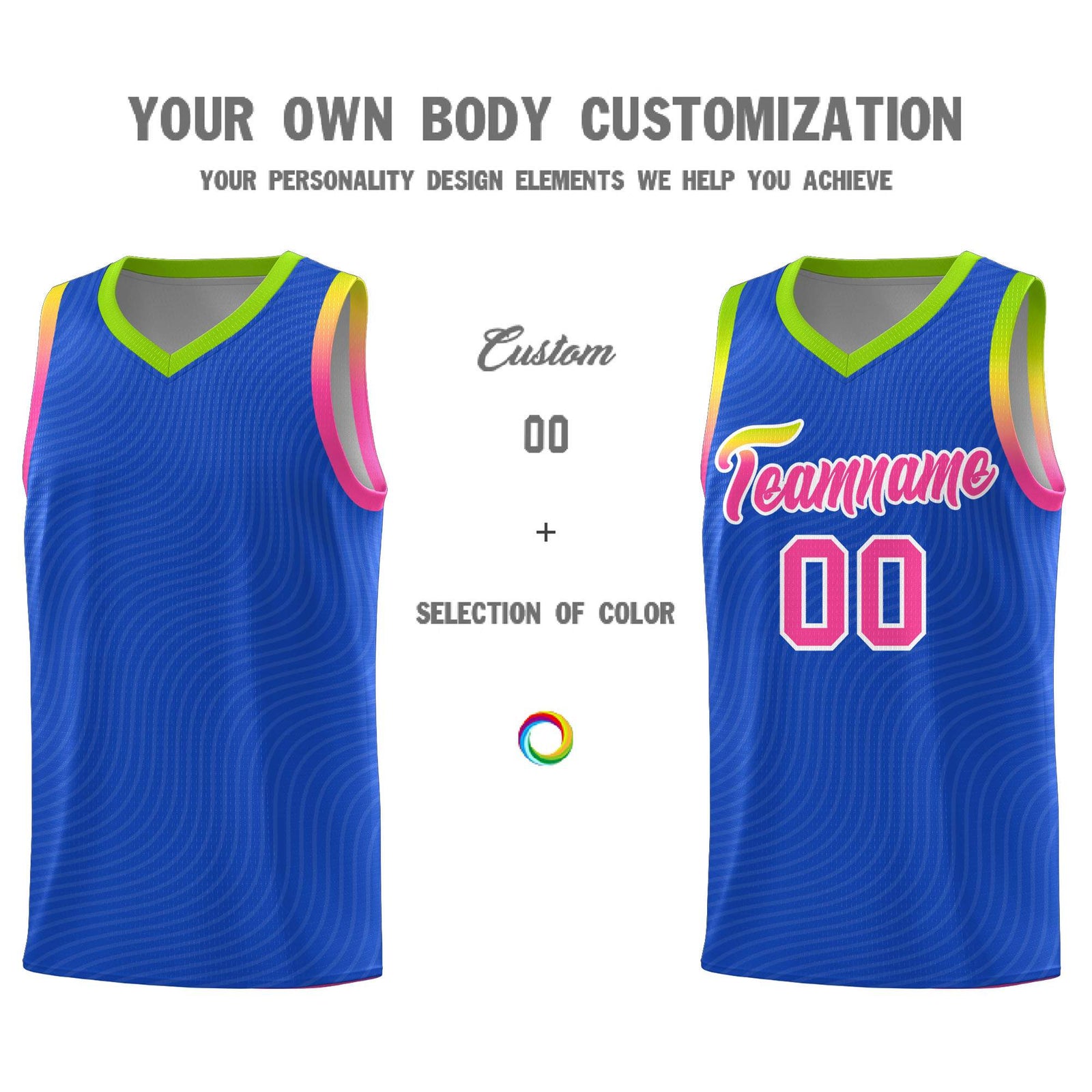 Custom Royal Blue Neon Green Wave Pattern Sports Uniform Basketball Kits