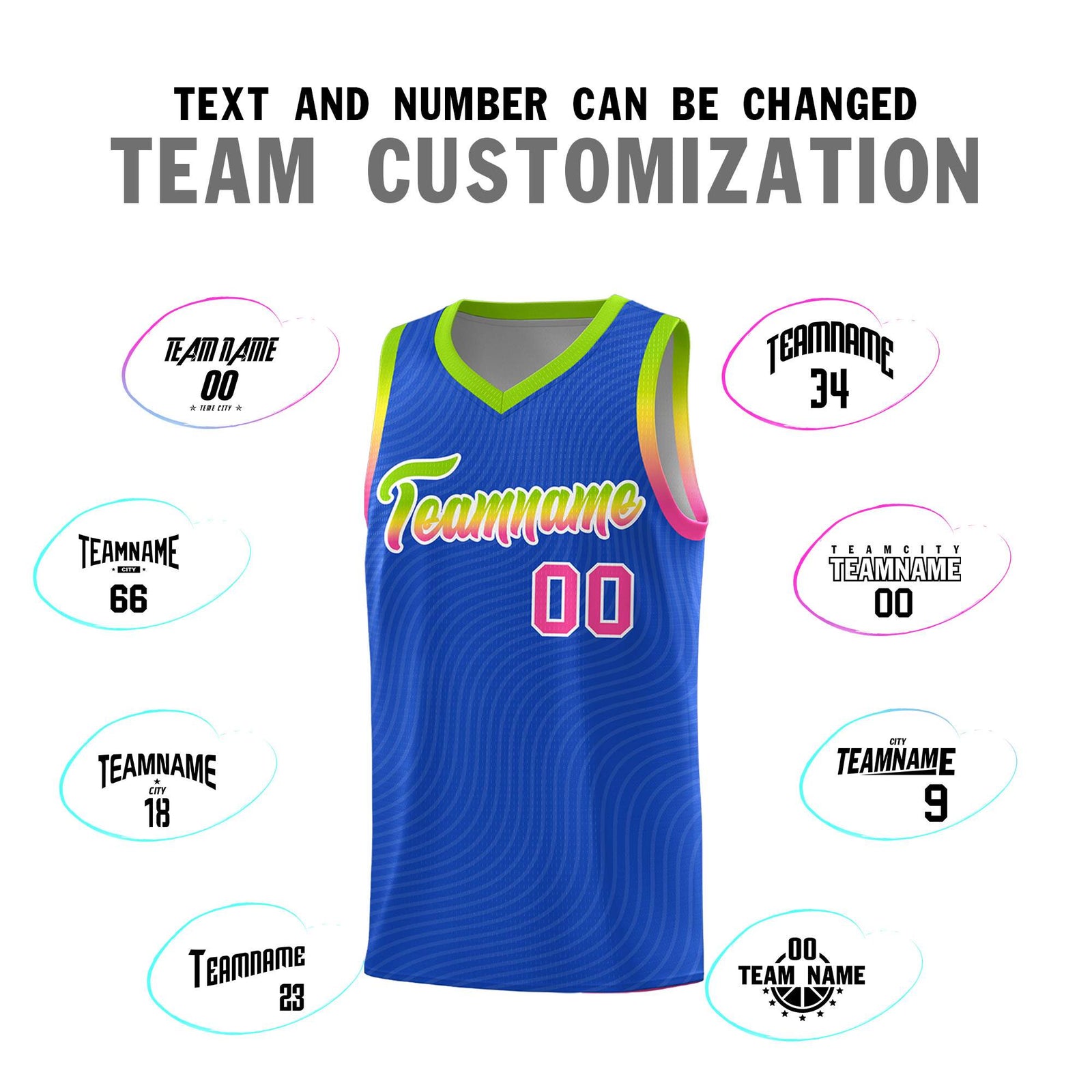 Custom Royal Blue Neon Green Wave Pattern Sports Uniform Basketball Kits