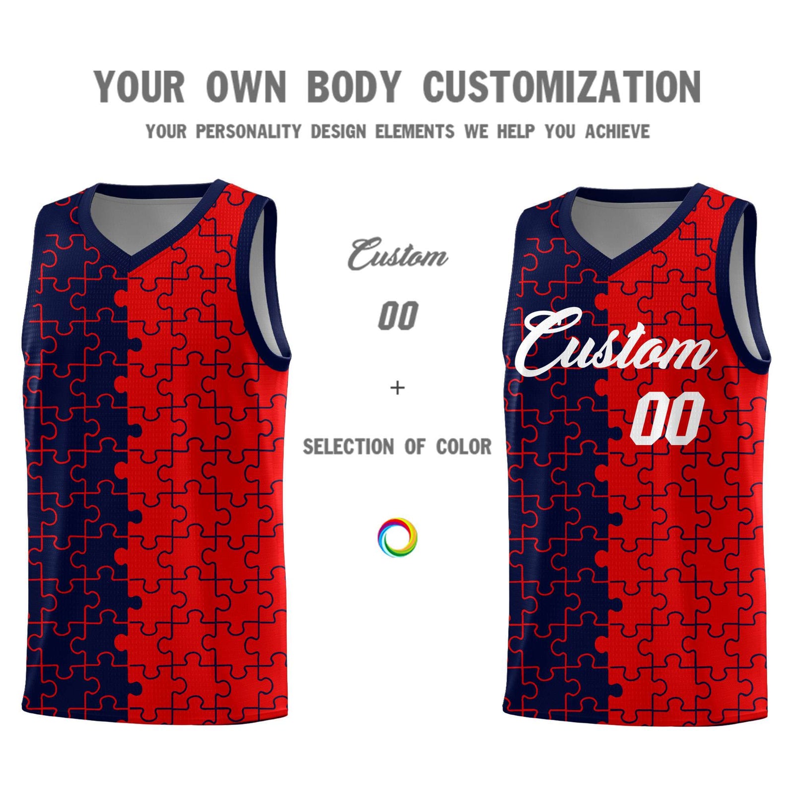 Custom Navy Red Splid Basketball Kits With Puzzle Pattern