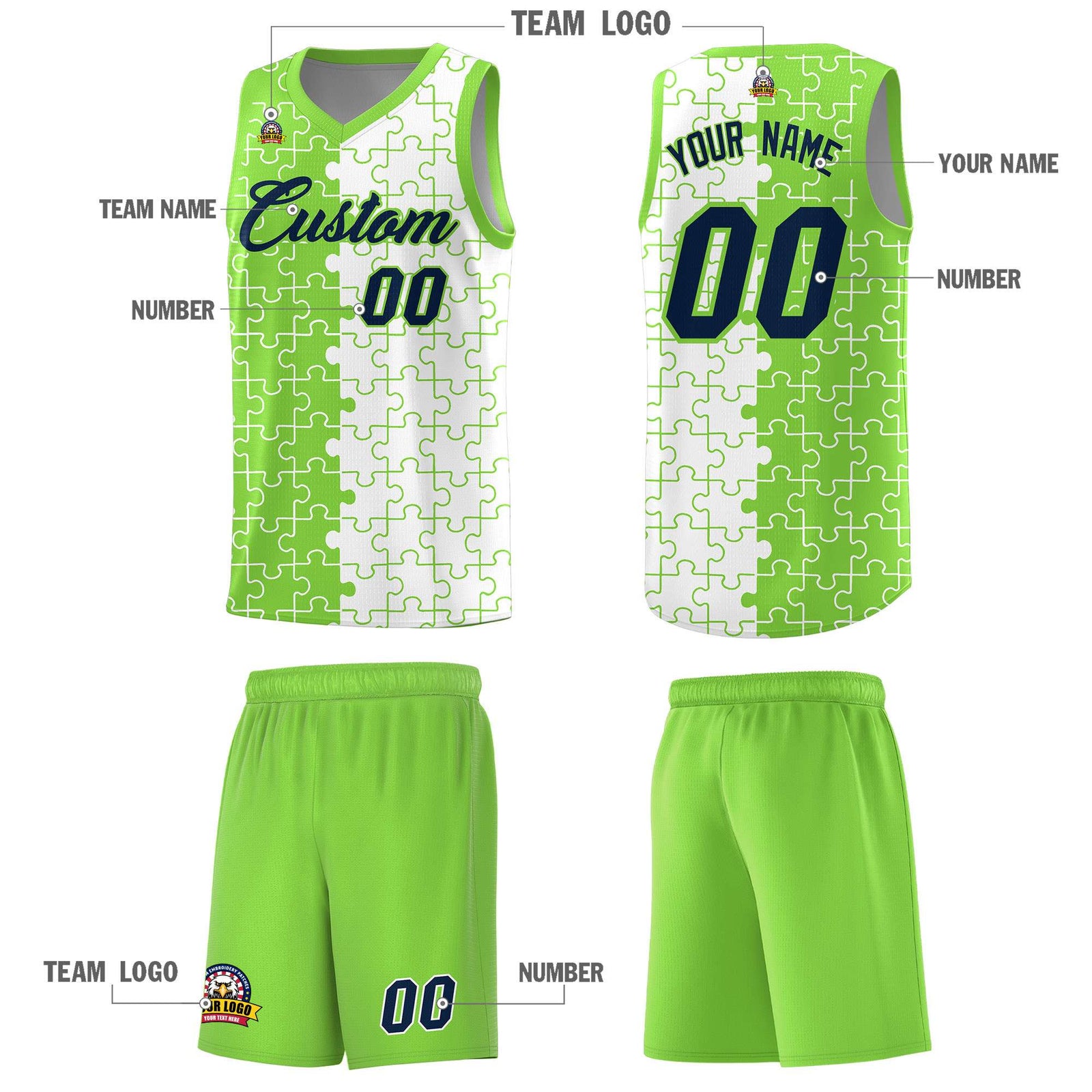 Custom Neon Green White Splid Basketball Kits With Puzzle Pattern