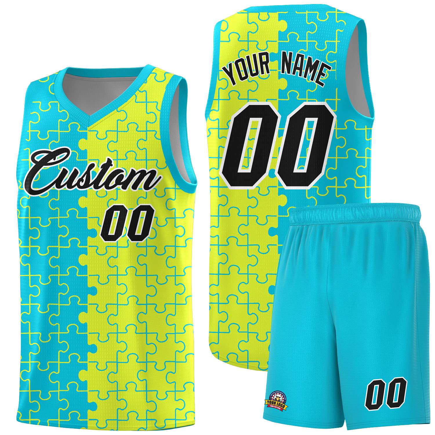 Custom Sky Blue Fluorescent Green Splid Basketball Kits With Puzzle Pattern