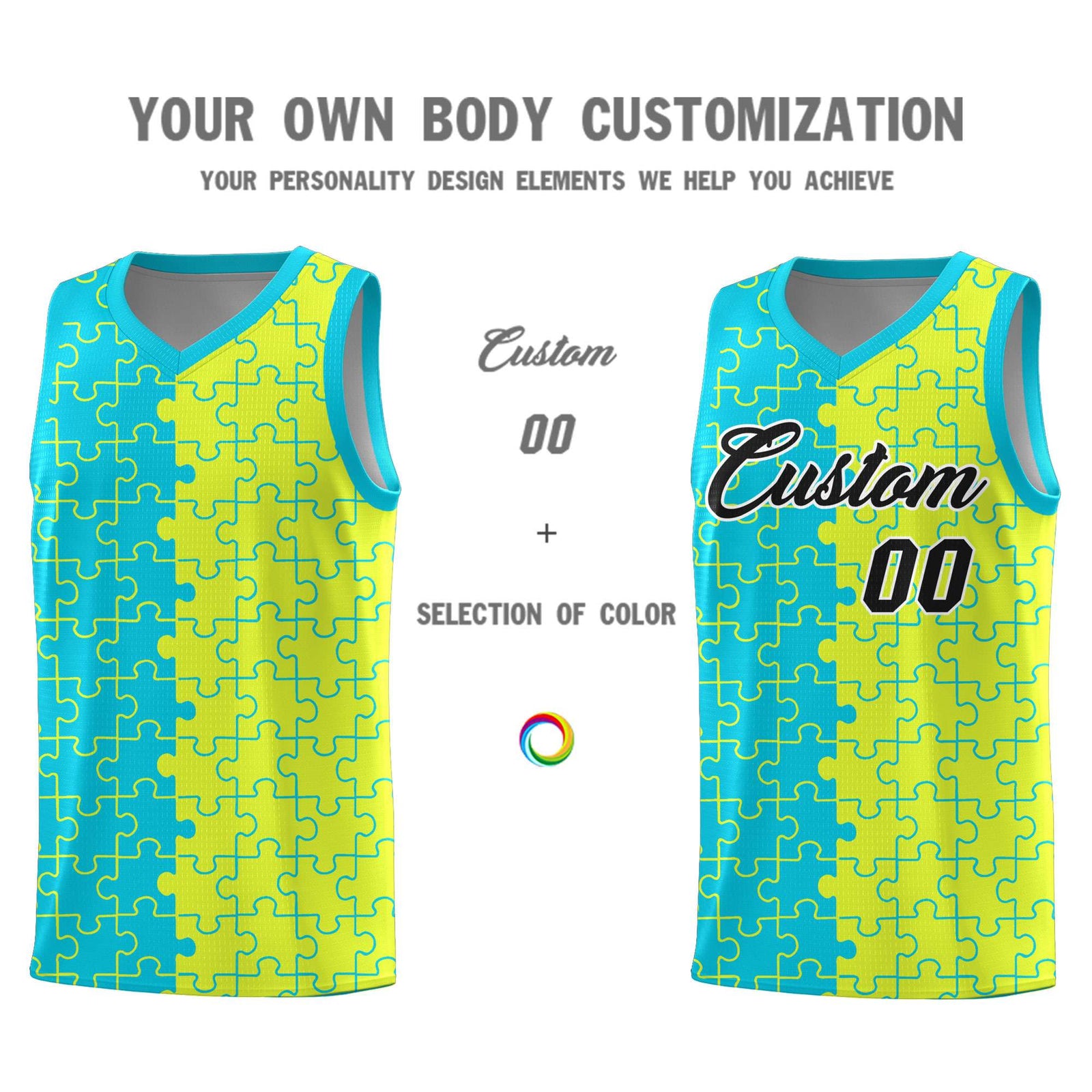 Custom Sky Blue Fluorescent Green Splid Basketball Kits With Puzzle Pattern