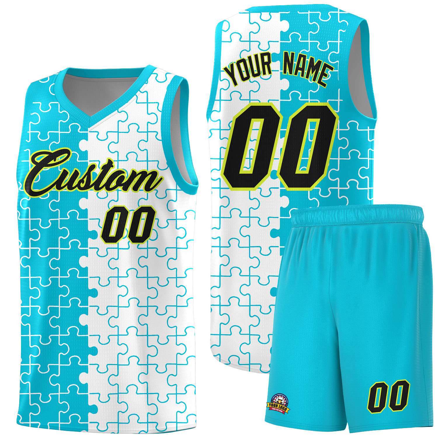 Custom Sky Blue White Splid Basketball Kits With Puzzle Pattern