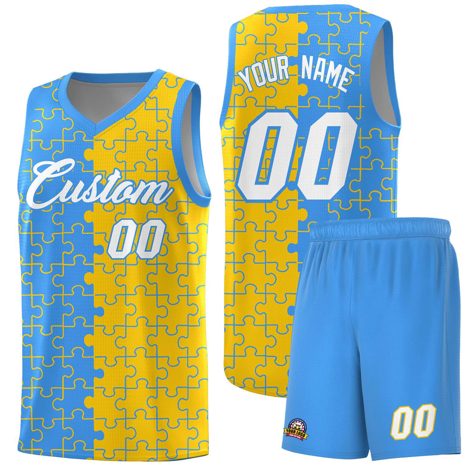 Custom Light Blue Gold Splid Basketball Kits With Puzzle Pattern