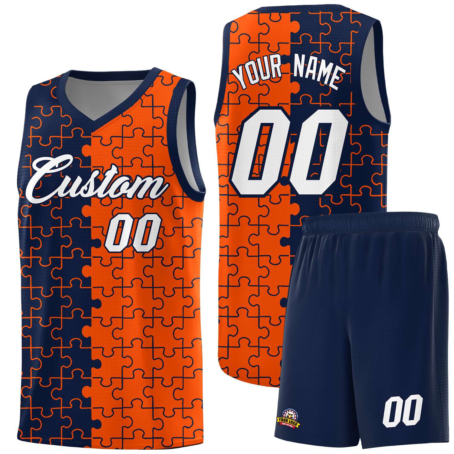 Custom Navy Orange Splid Basketball Kits With Puzzle Pattern