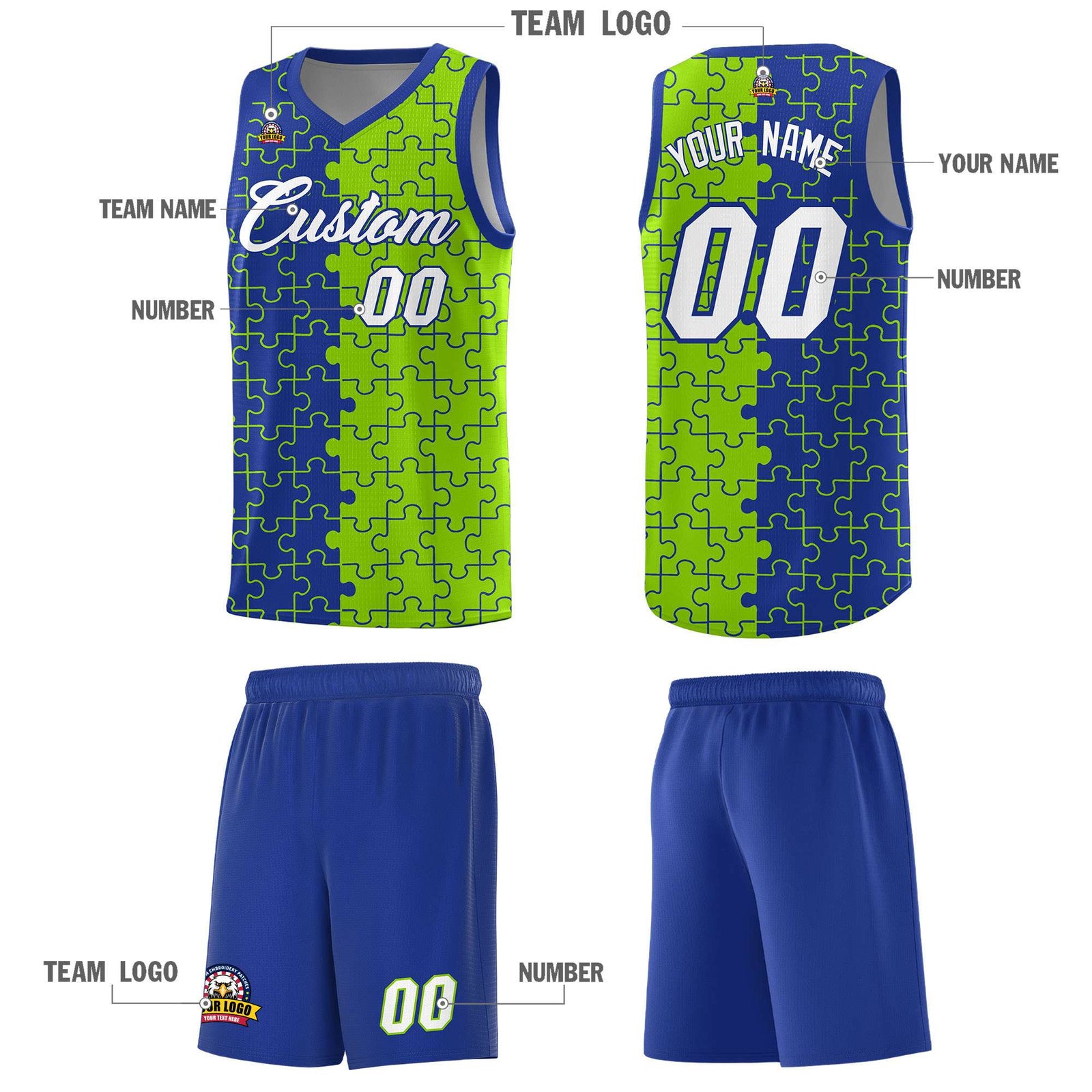 Custom Royal Neon Green Splid Basketball Kits With Puzzle Pattern