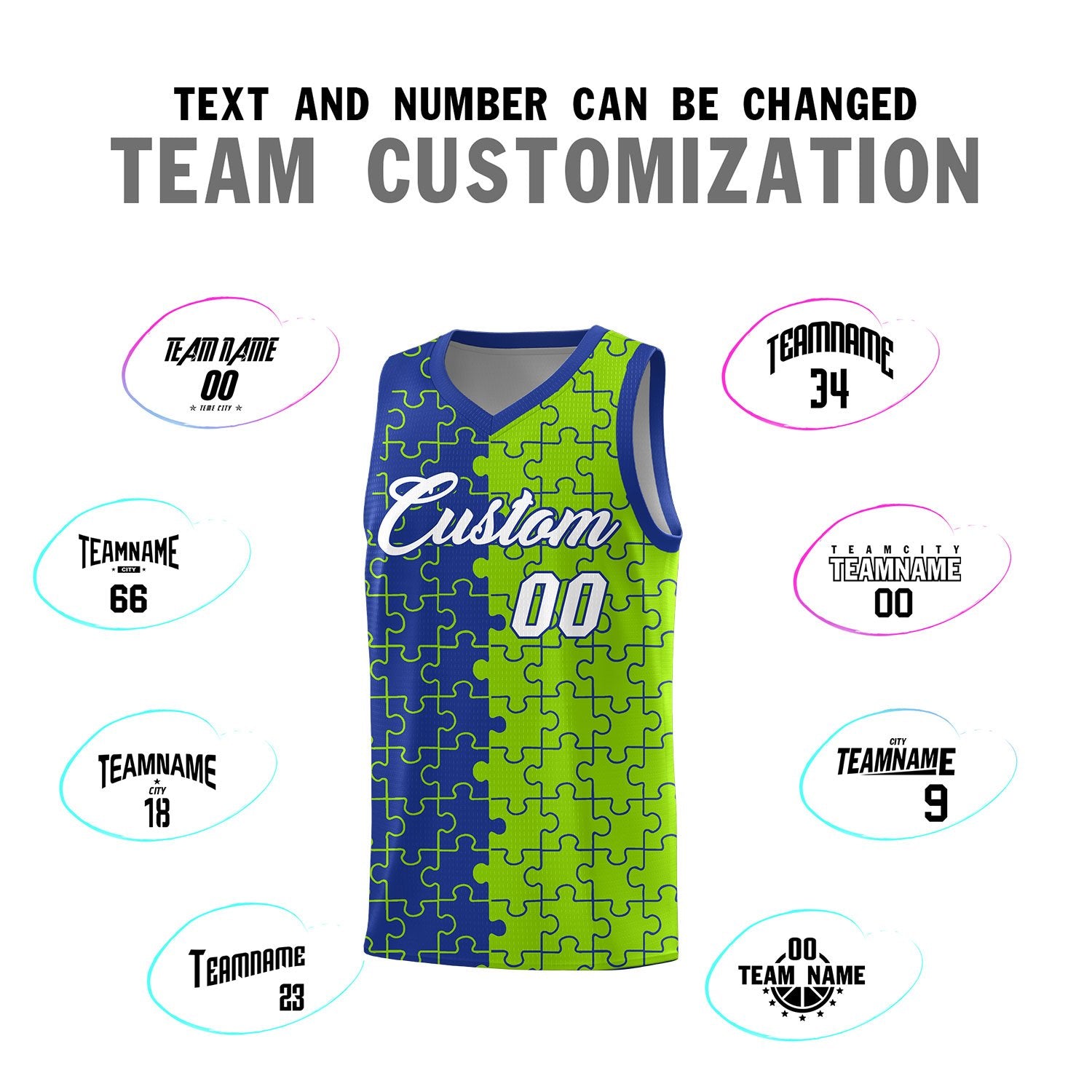 Custom Royal Neon Green Splid Basketball Kits With Puzzle Pattern