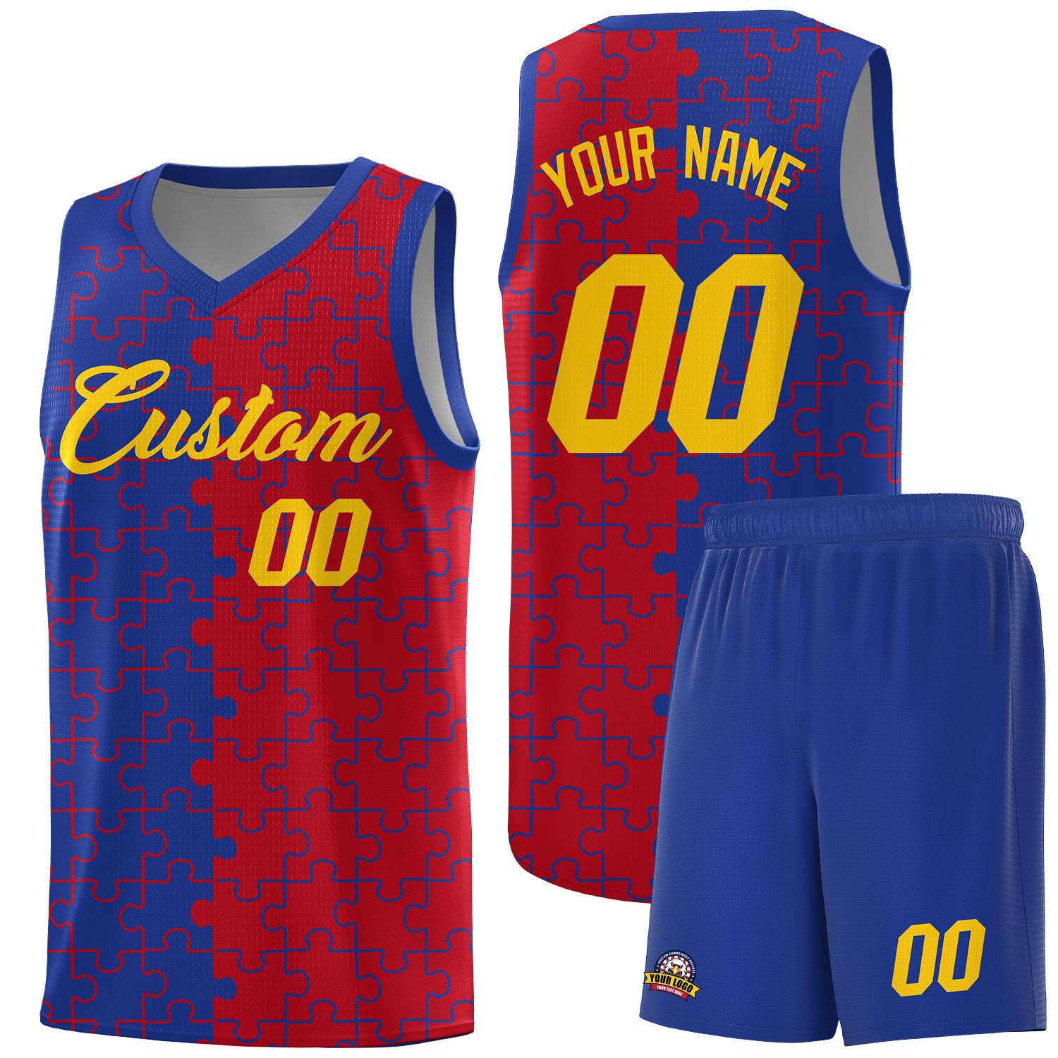 Custom Royal Red Splid Basketball Kits With Puzzle Pattern