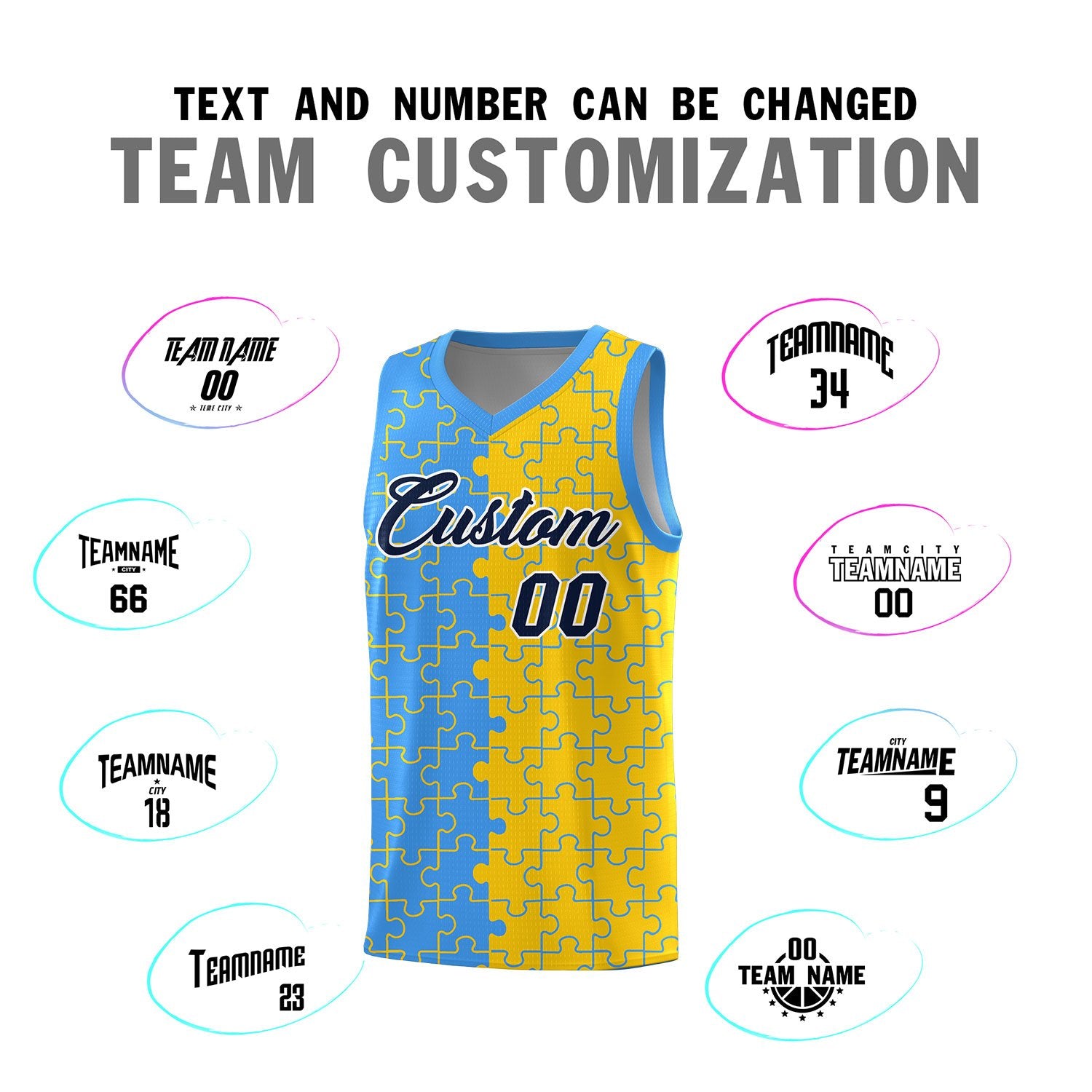 Custom Light Blue Gold Splid Basketball Kits With Puzzle Pattern