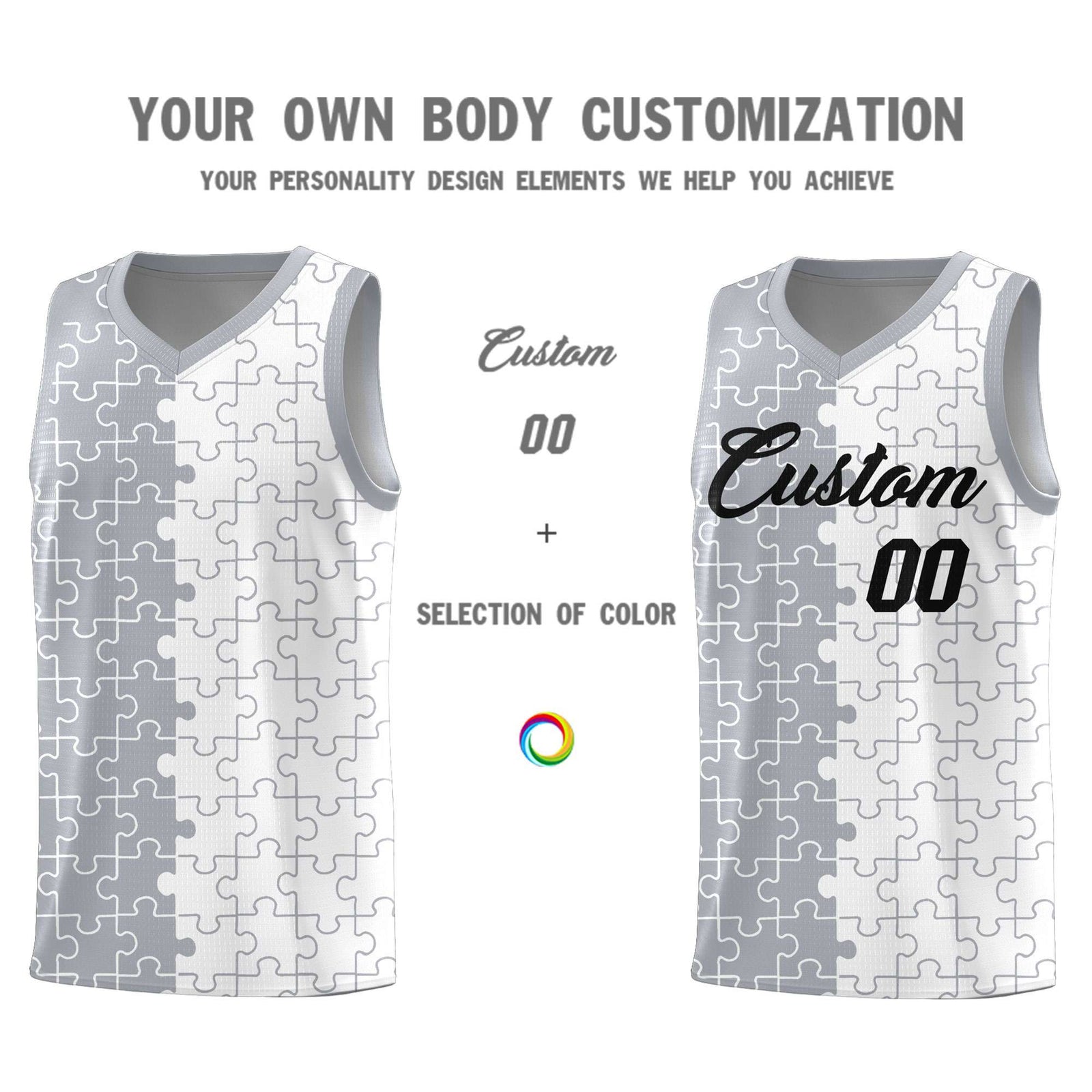 Custom Gray White Splid Basketball Kits With Puzzle Pattern