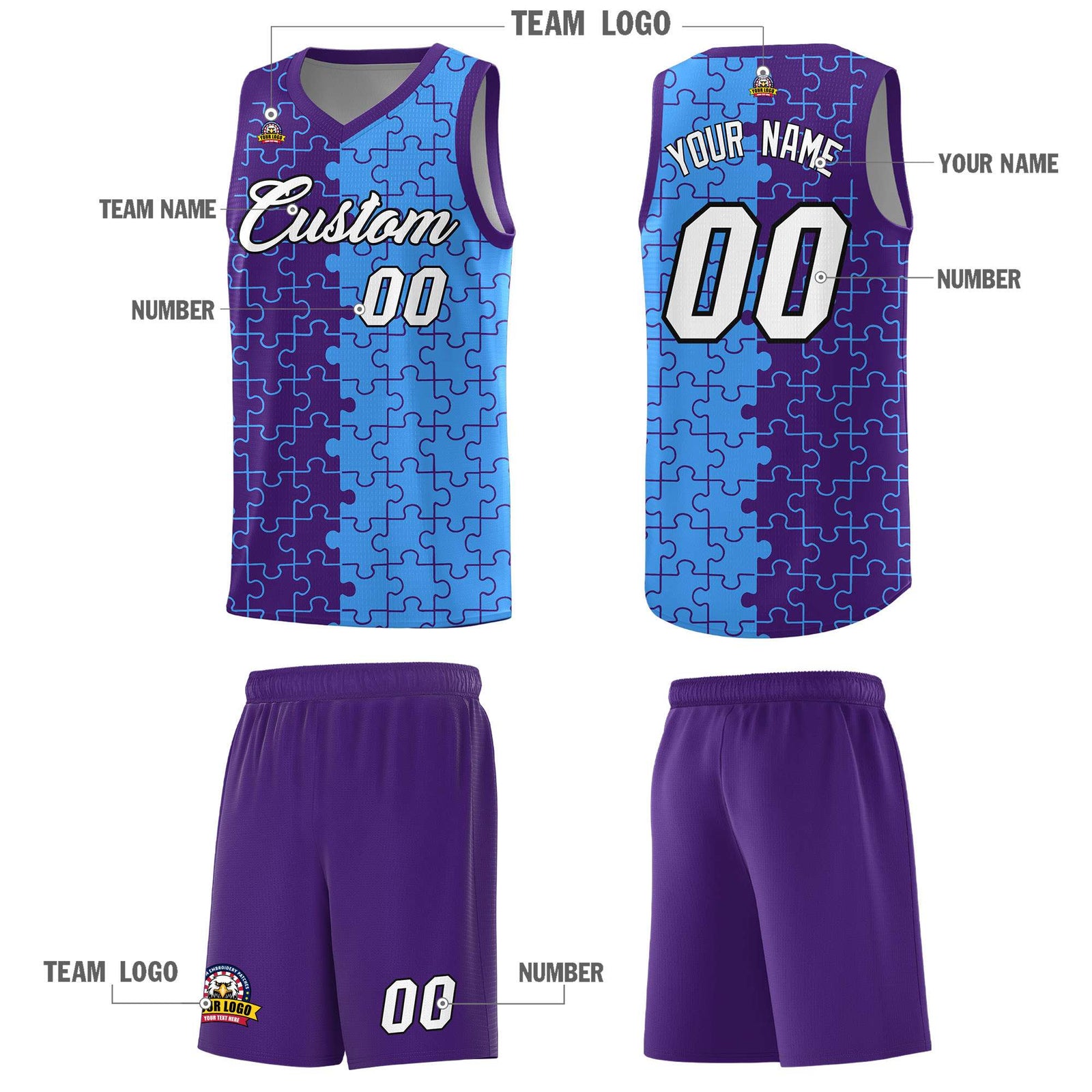 Custom Purple Light Blue Splid Basketball Kits With Puzzle Pattern