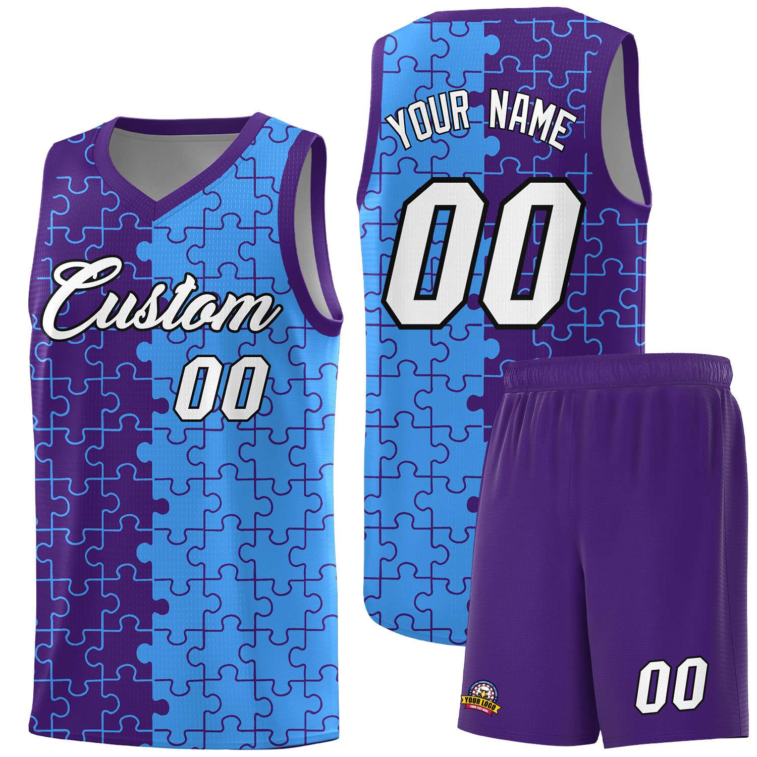 Custom Purple Light Blue Splid Basketball Kits With Puzzle Pattern