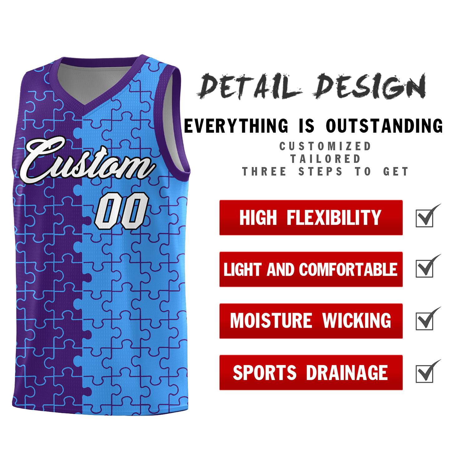 Custom Purple Light Blue Splid Basketball Kits With Puzzle Pattern
