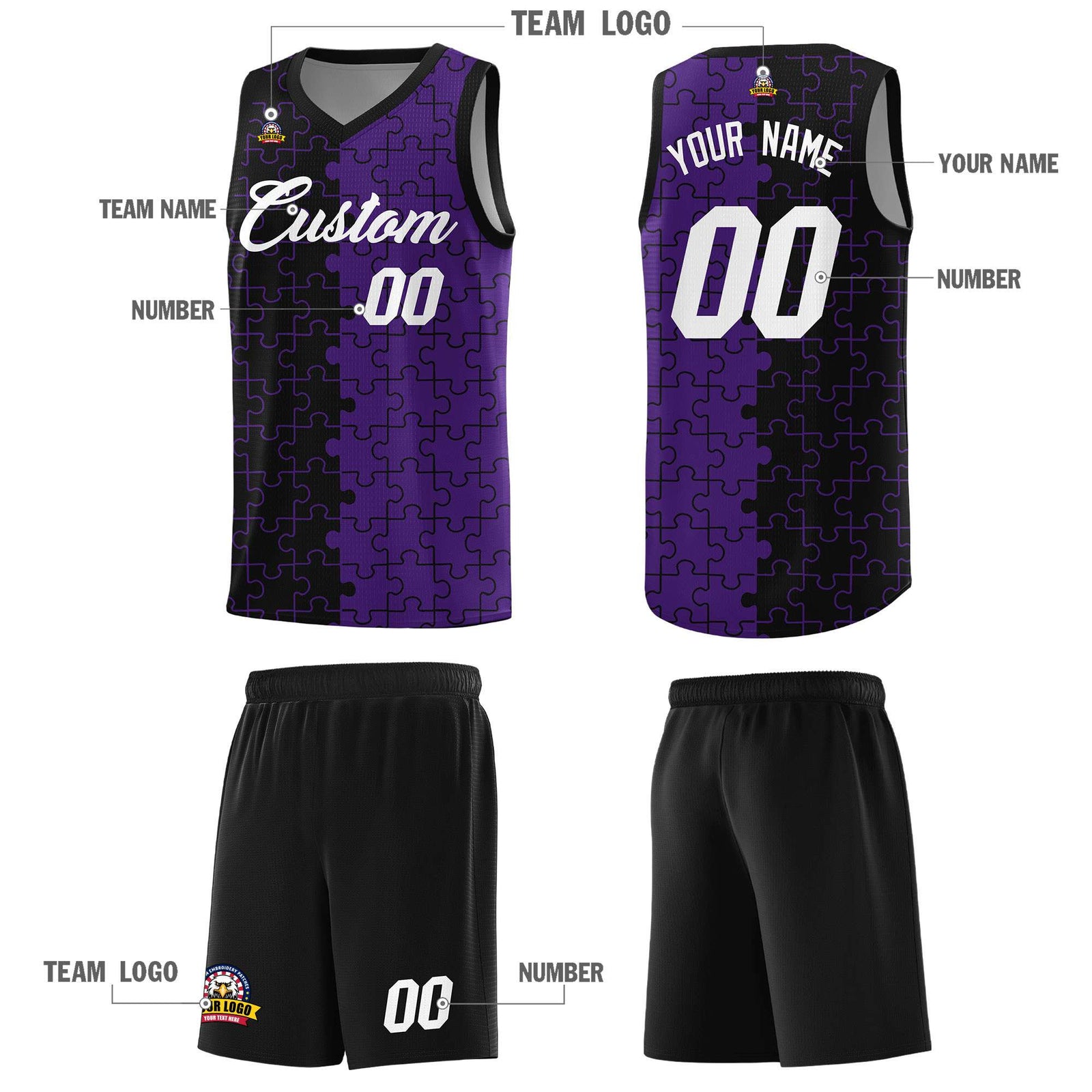 Custom Black Purple Splid Basketball Kits With Puzzle Pattern