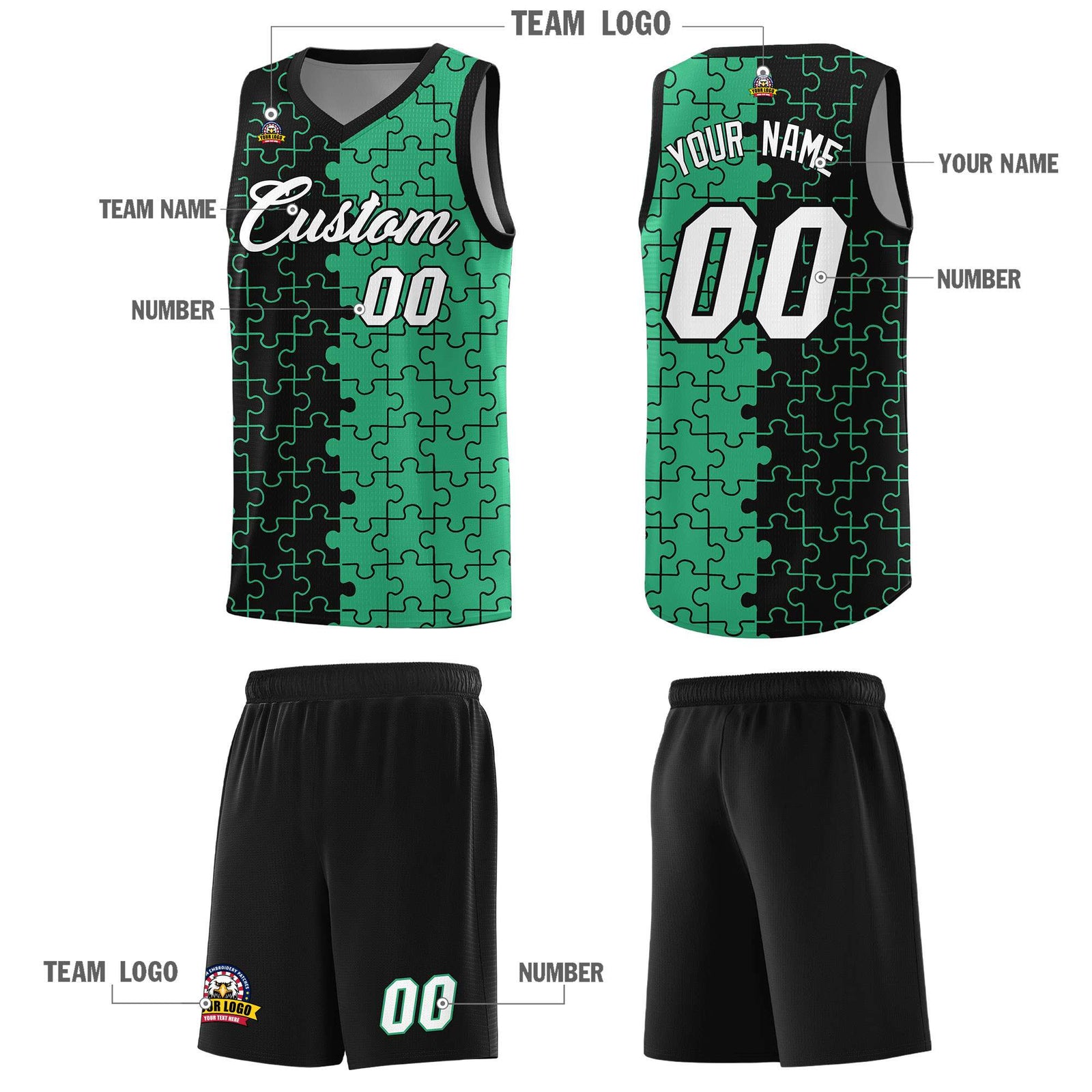 Custom Black Green Splid Basketball Kits With Puzzle Pattern
