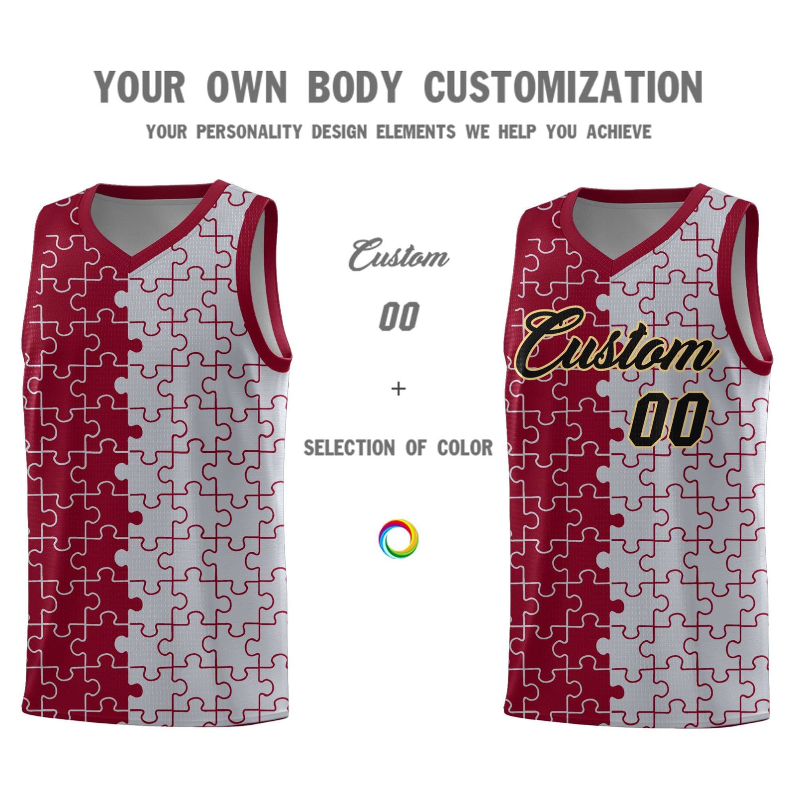 Custom Crimson Gray Splid Basketball Kits With Puzzle Pattern