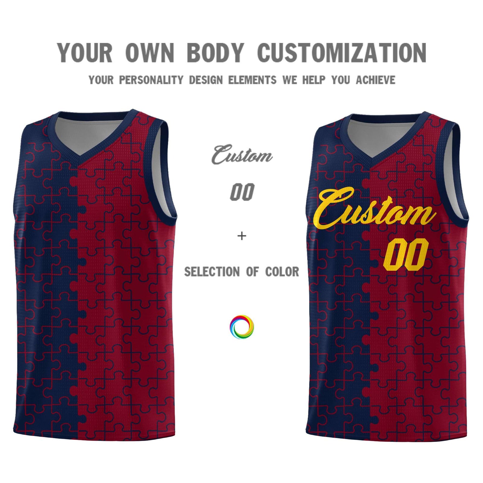 Custom Navy Crimson Splid Basketball Kits With Puzzle Pattern