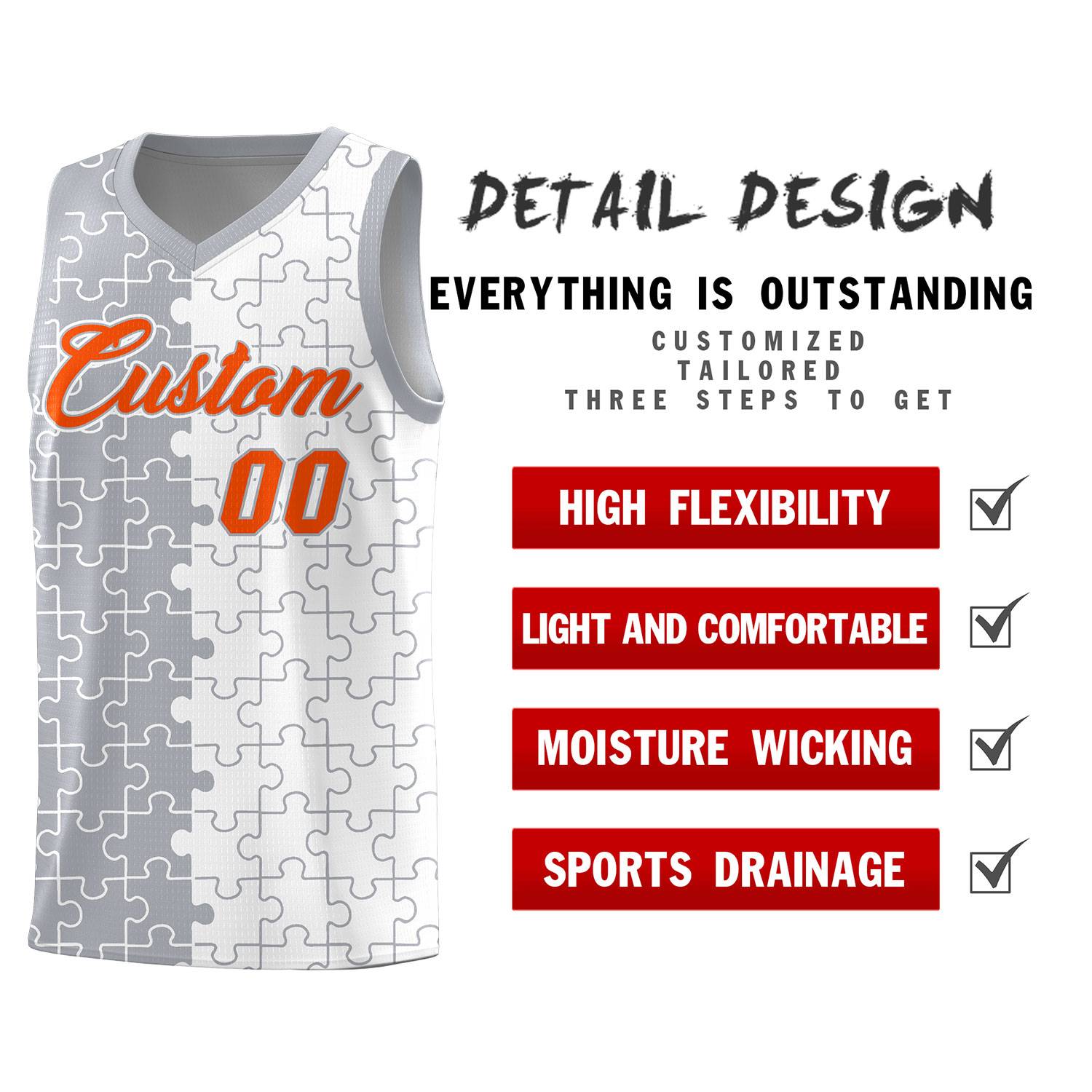 Custom Gray White Splid Basketball Kits With Puzzle Pattern