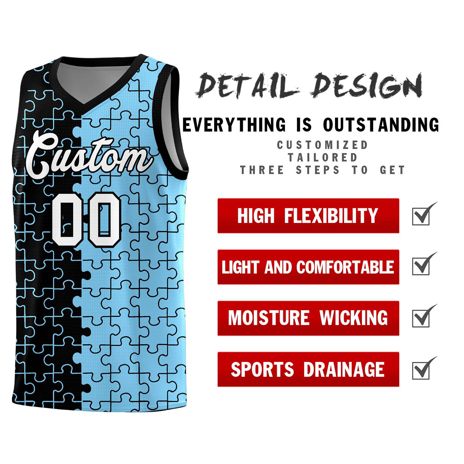 Custom Black Light Blue Basketball Jersey