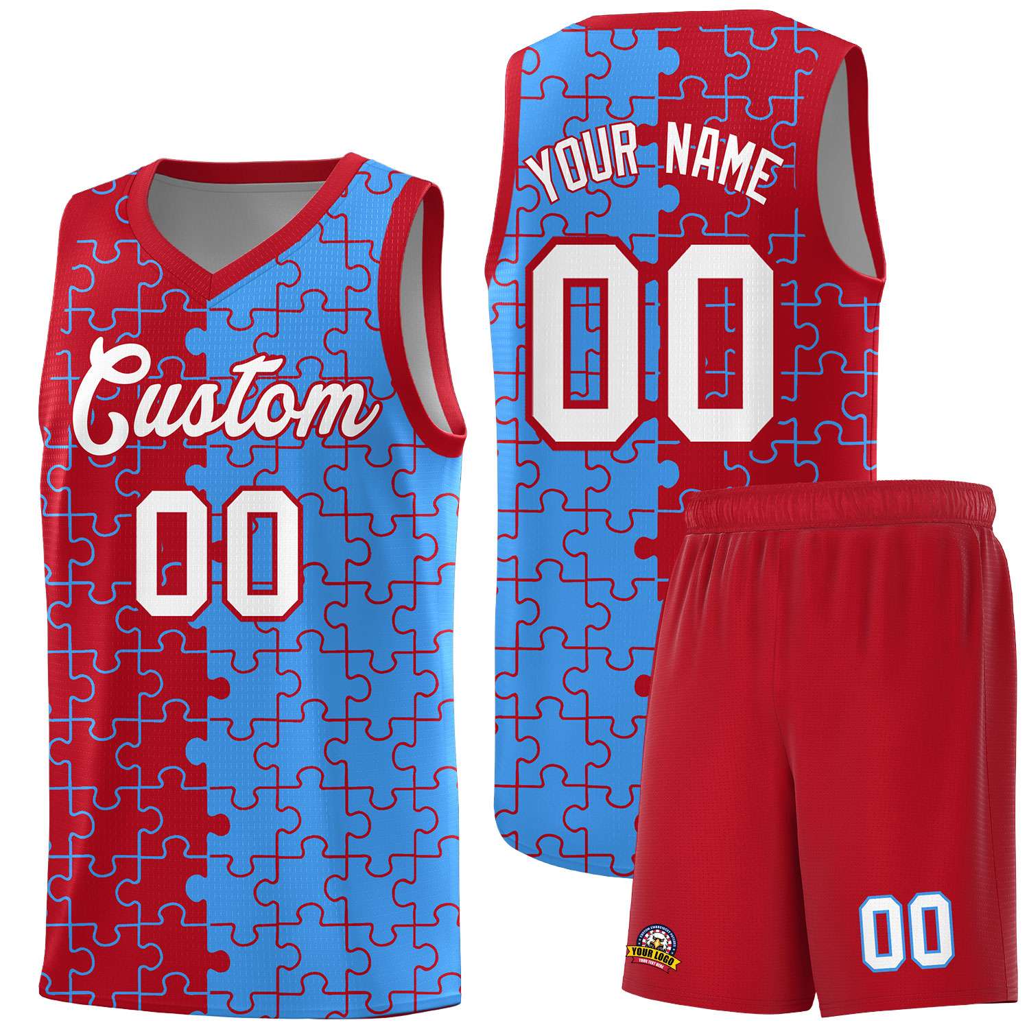 Custom Red Light Blue Basketball Jersey