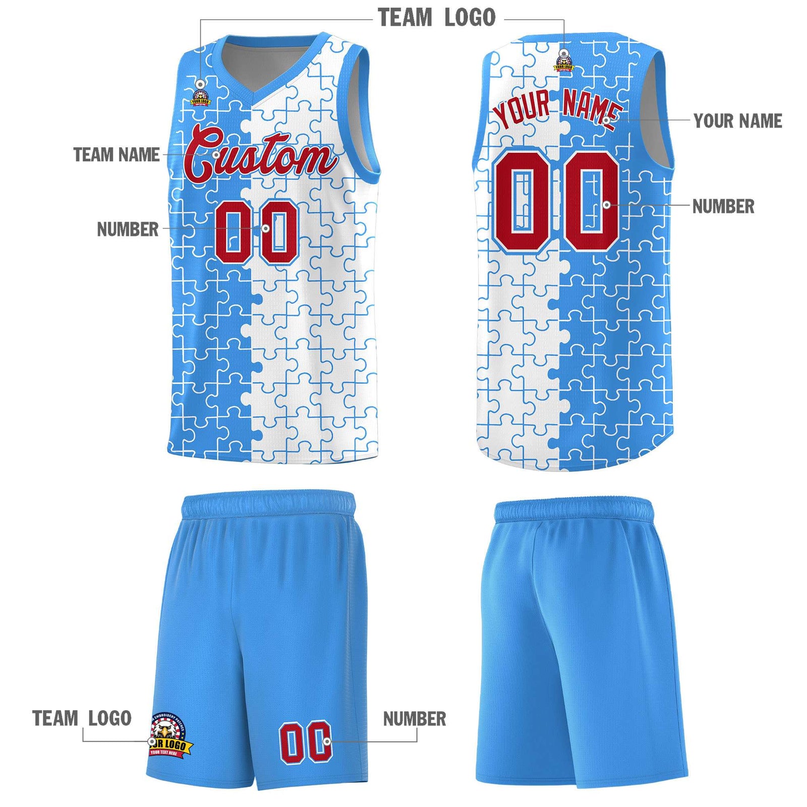 Custom Light Blue White Basketball Jersey