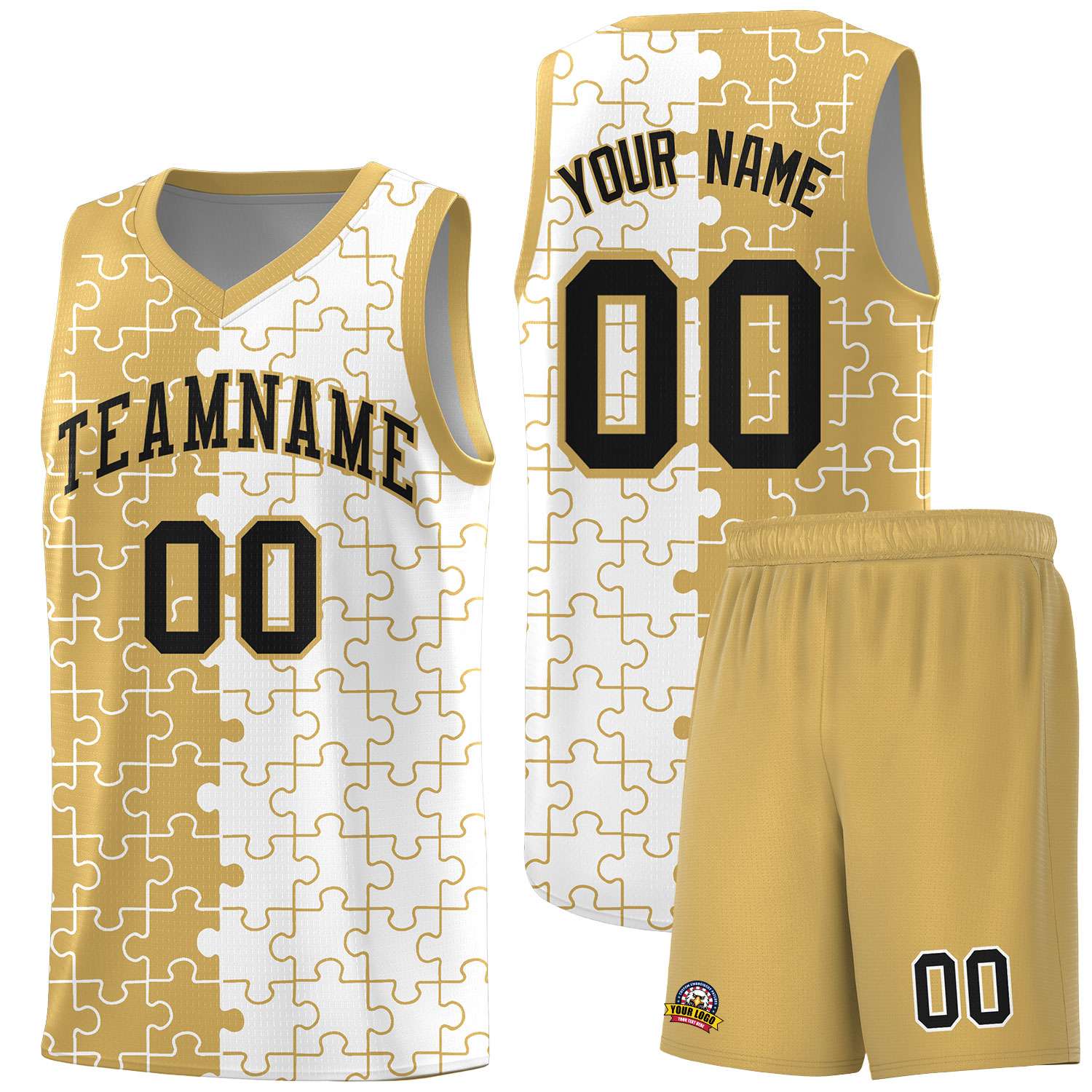 Custom Old Gold White Splid Basketball Kits With Puzzle Pattern