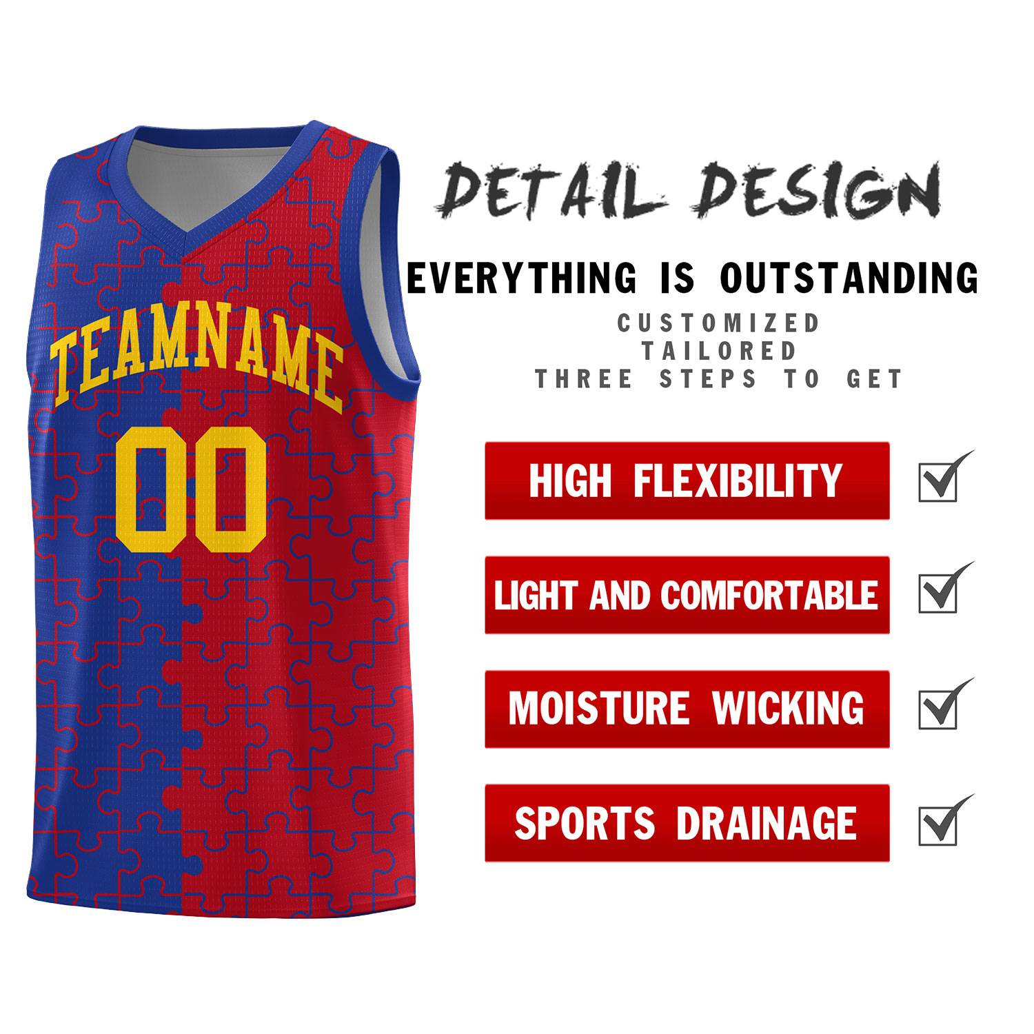 Custom Royal Red Splid Basketball Kits With Puzzle Pattern