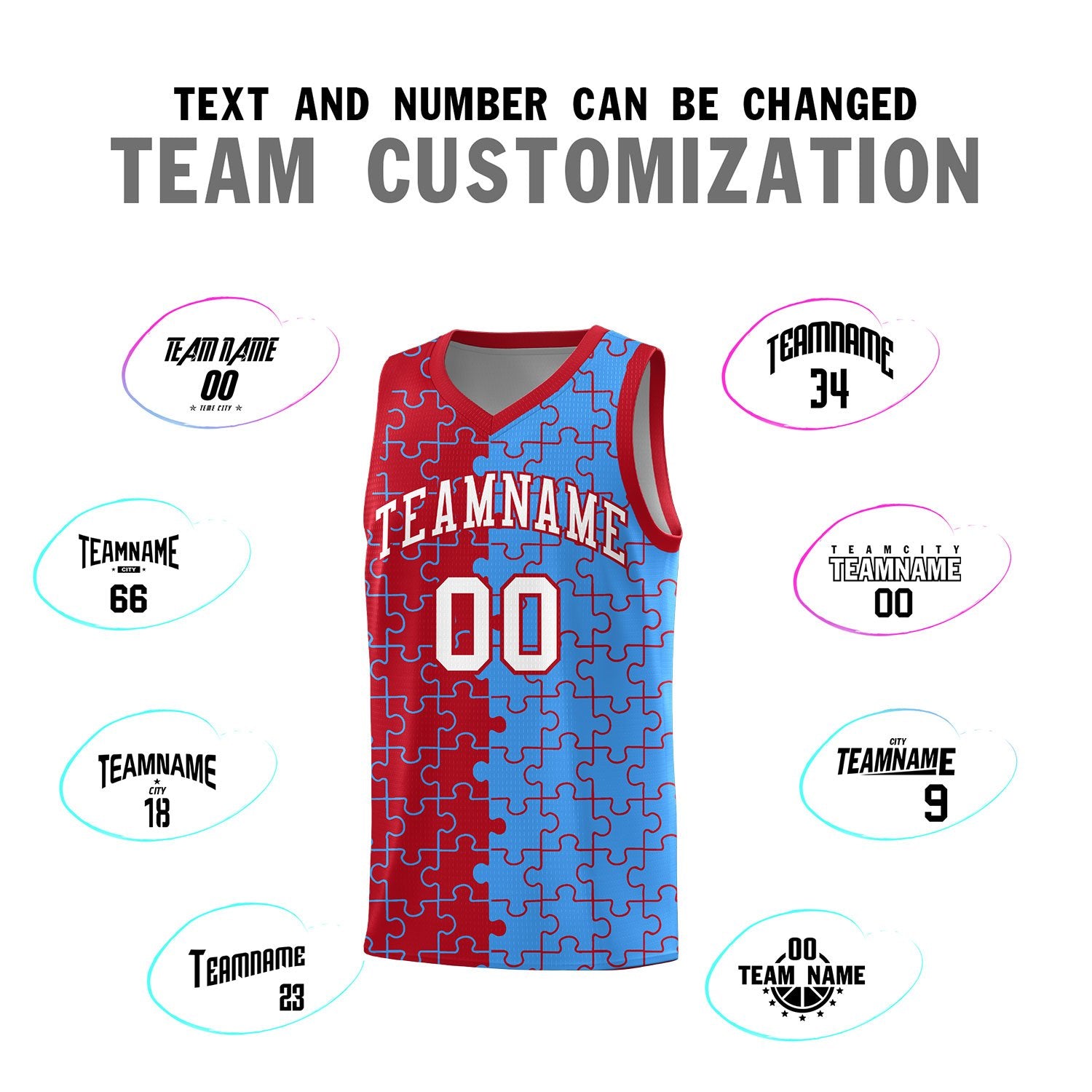 Custom Red Light Blue Splid Basketball Kits With Puzzle Pattern