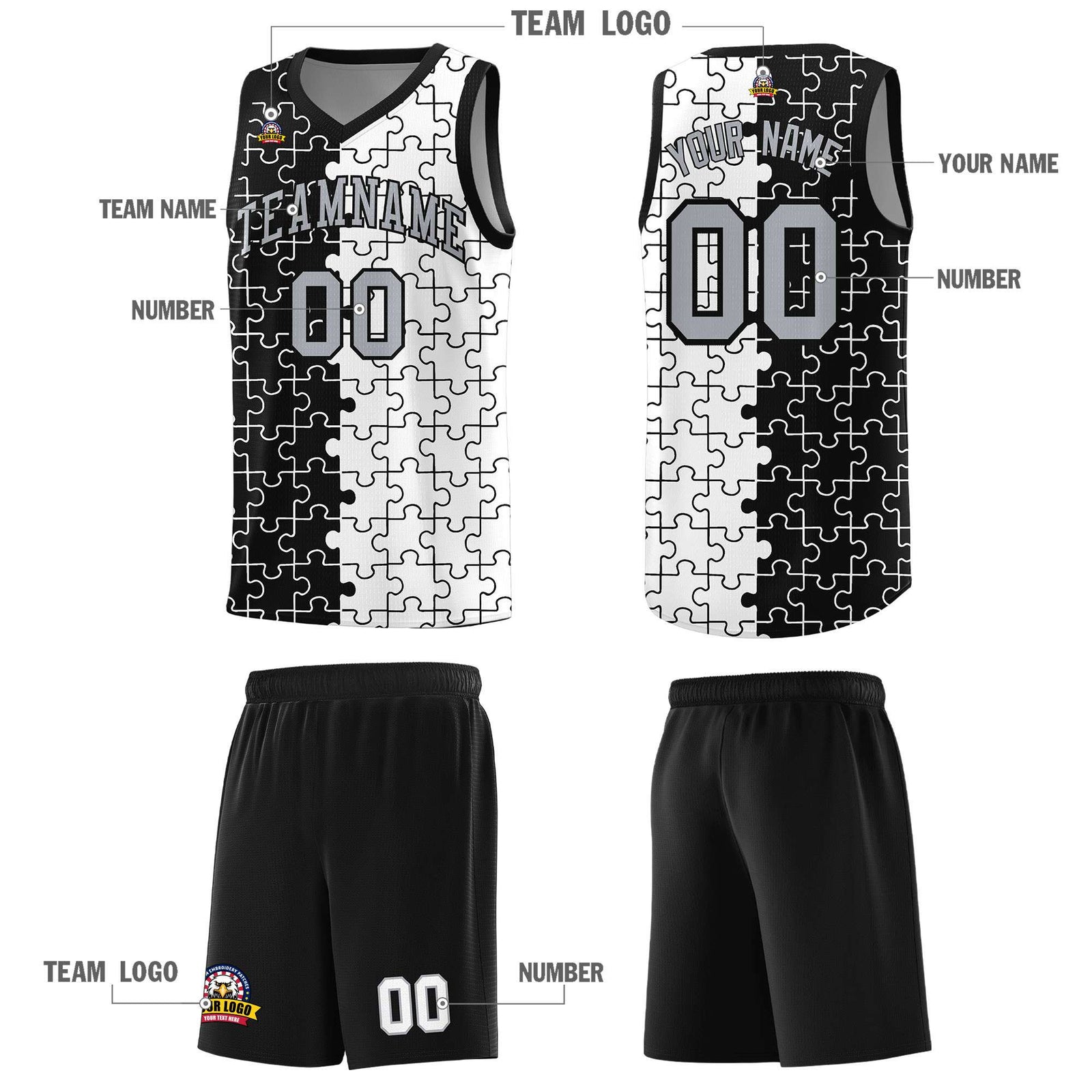 Custom Black White Splid Basketball Kits With Puzzle Pattern