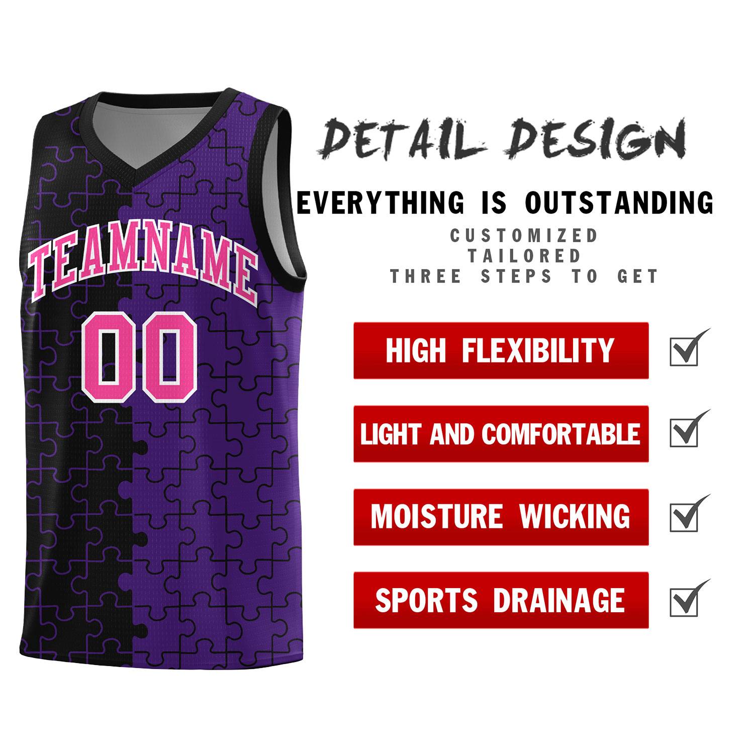 Custom Black Purple Splid Basketball Kits With Puzzle Pattern