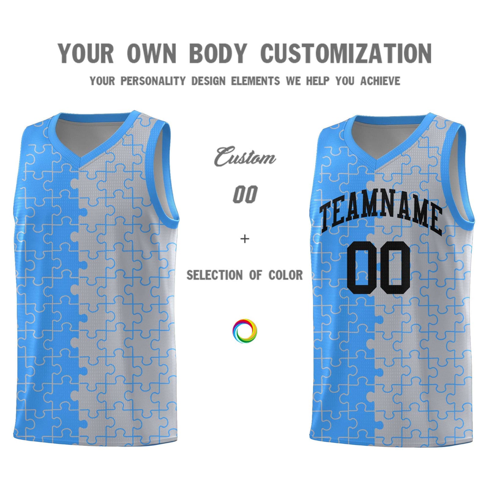 Custom Light Blue Gray Splid Basketball Kits With Puzzle Pattern