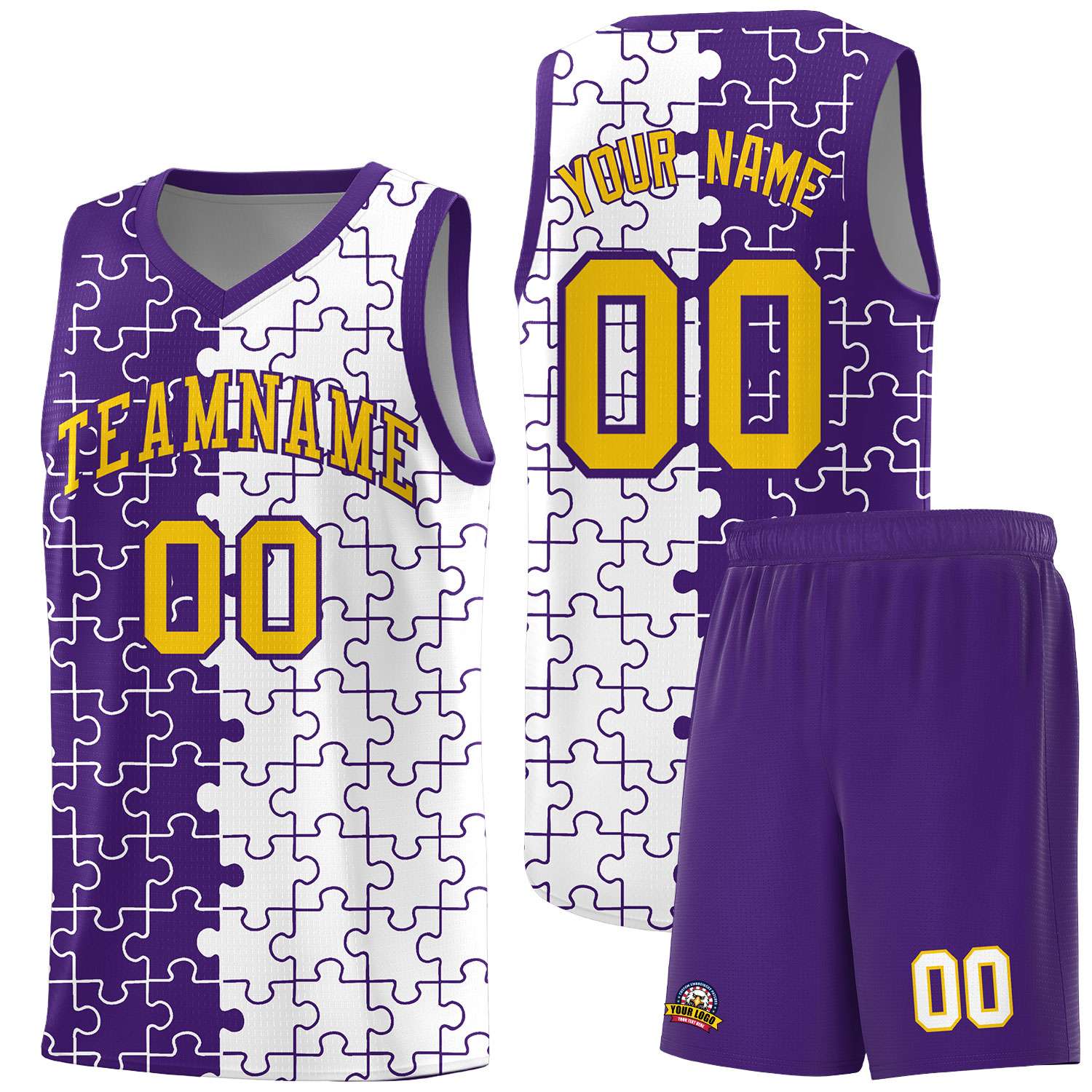 Custom Purple White Splid Basketball Kits With Puzzle Pattern