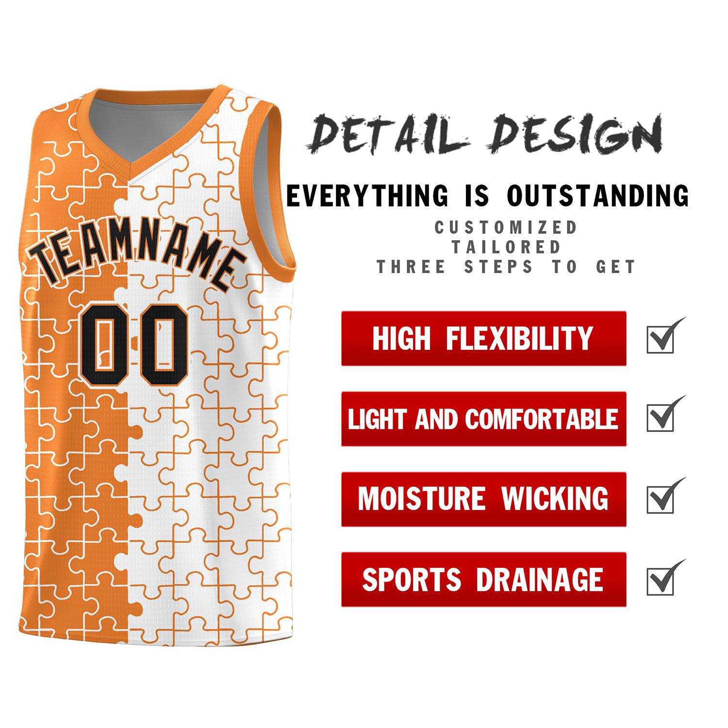 Custom Gold Orange White Splid Basketball Kits With Puzzle Pattern
