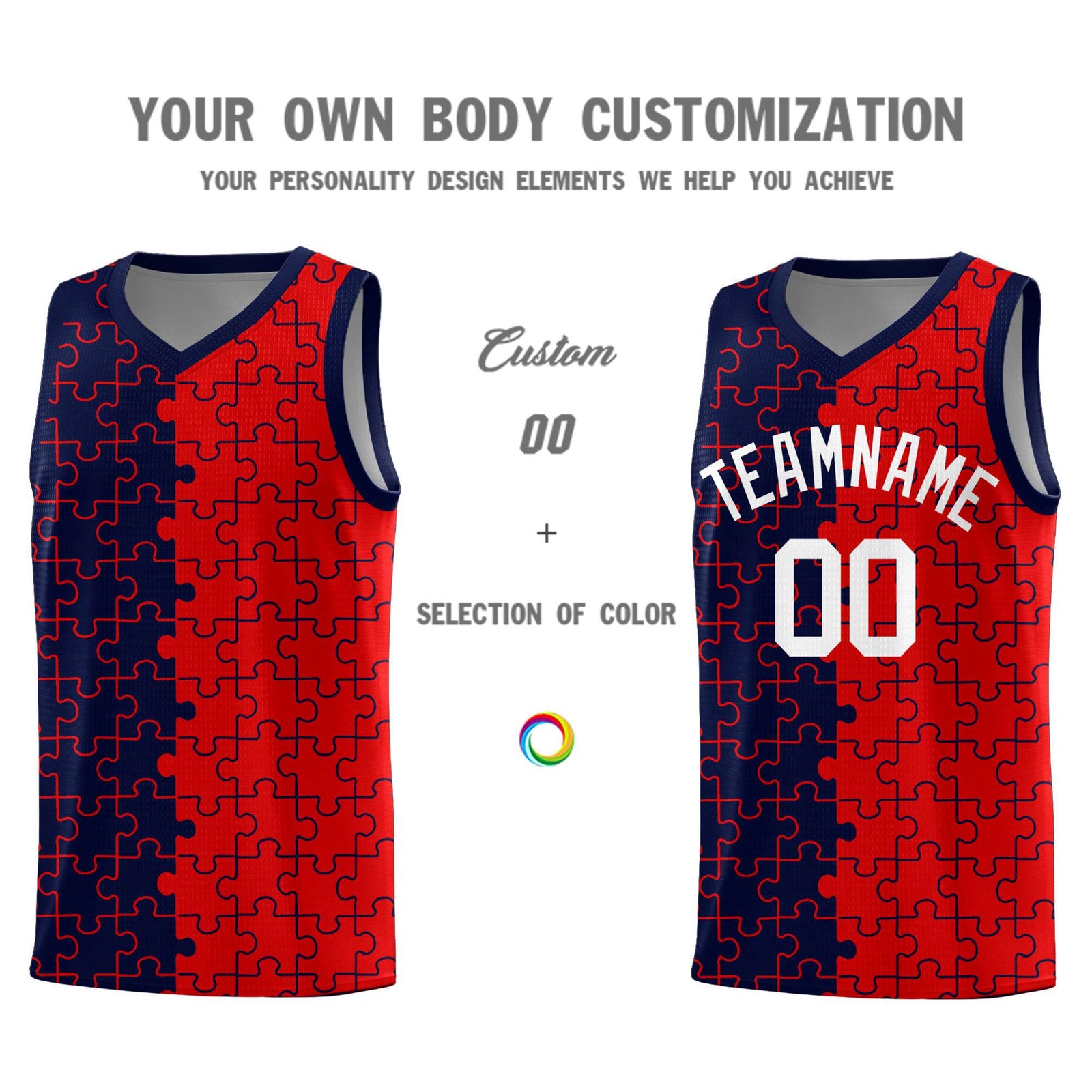 Custom Navy Red Splid Basketball Kits With Puzzle Pattern