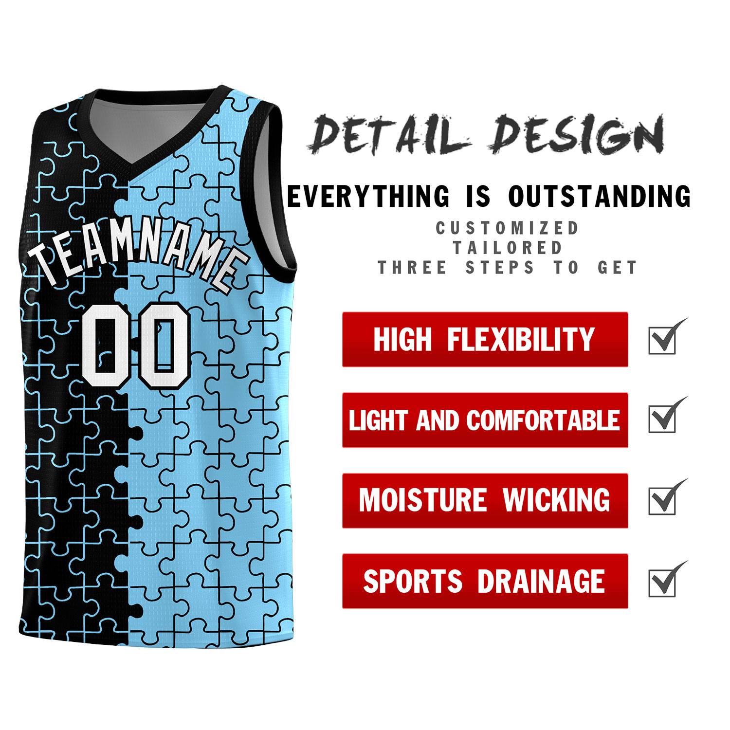 Custom Black Powder Blue Splid Basketball Kits With Puzzle Pattern