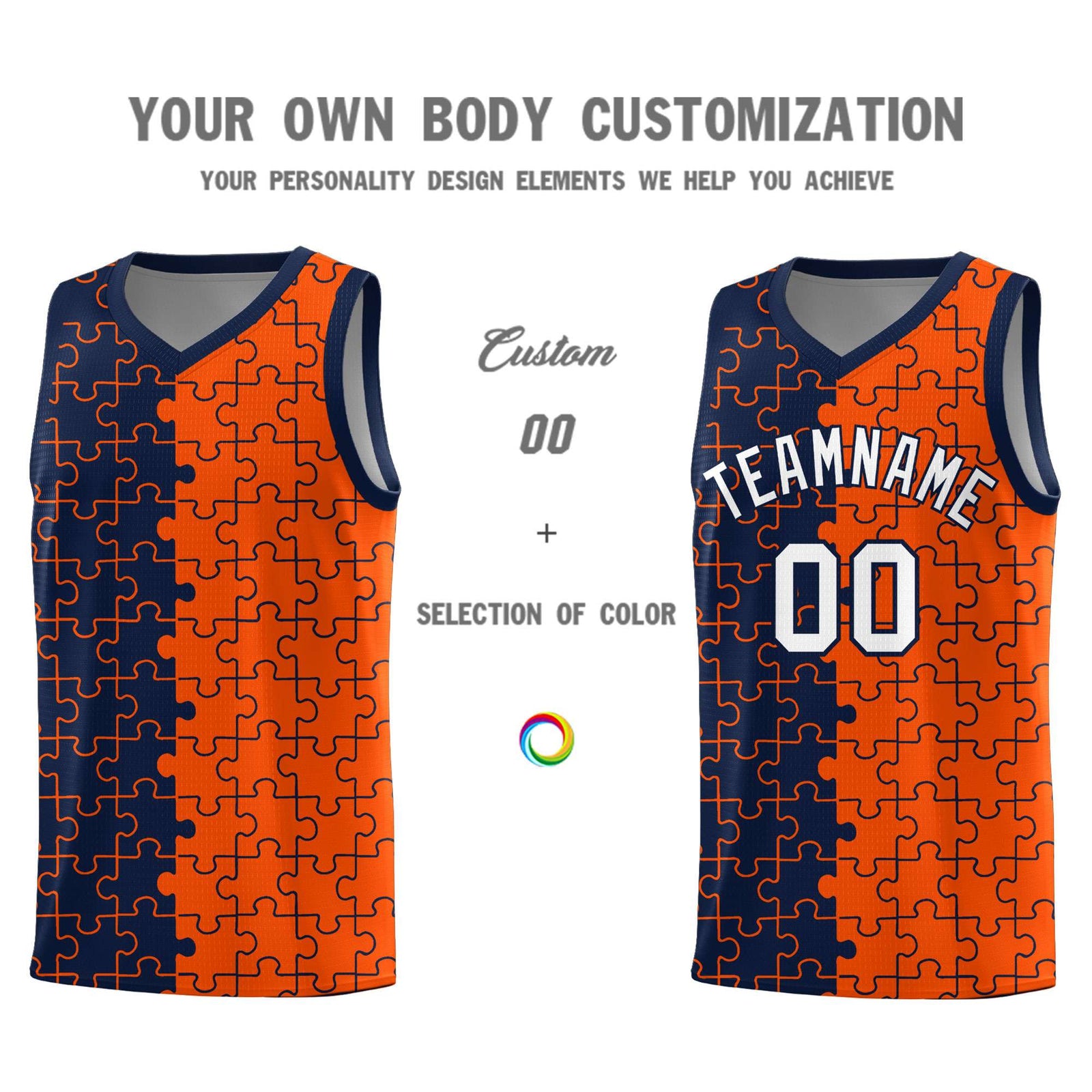 Custom Navy Orange Splid Basketball Kits With Puzzle Pattern