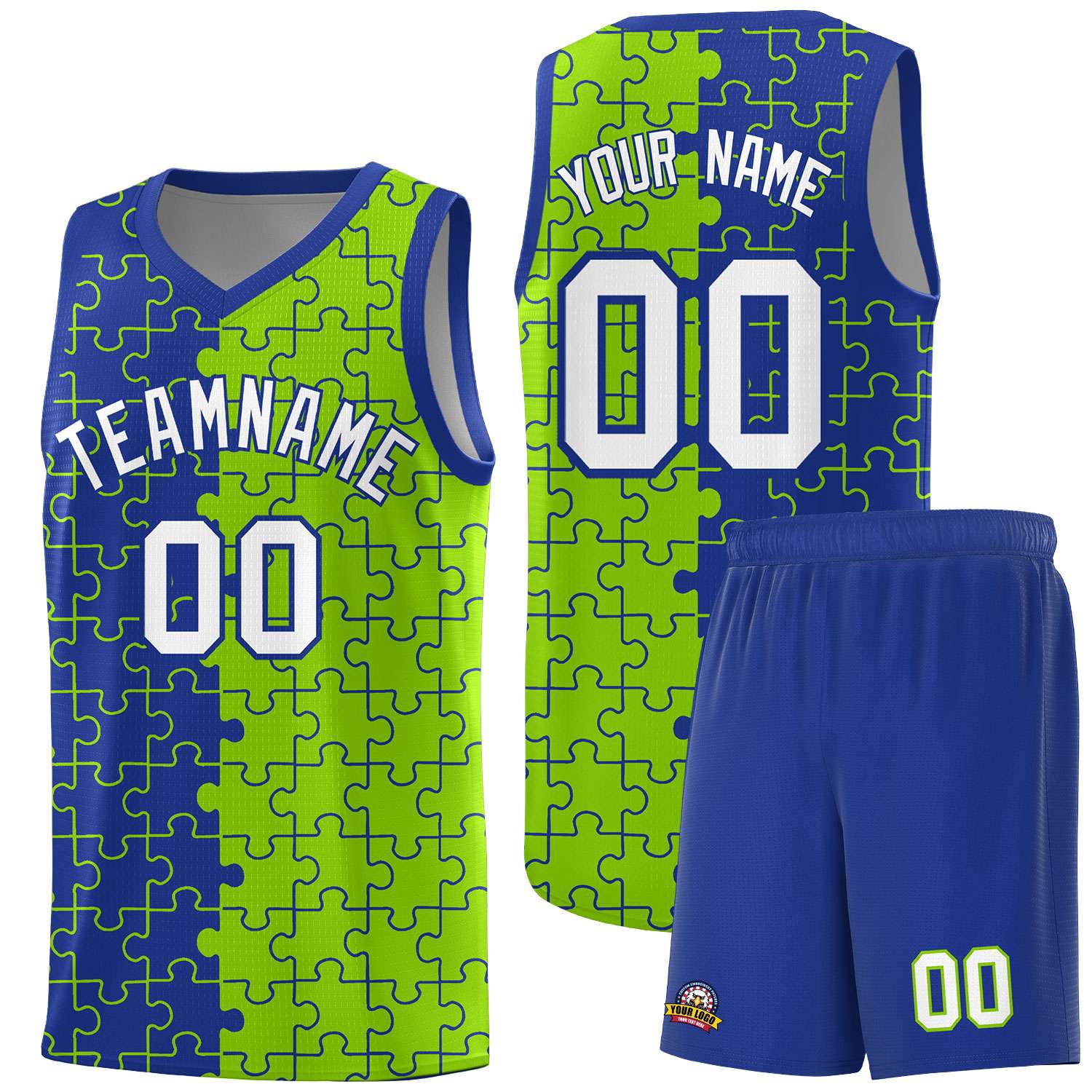 Custom Royal Neon Green Splid Basketball Kits With Puzzle Pattern