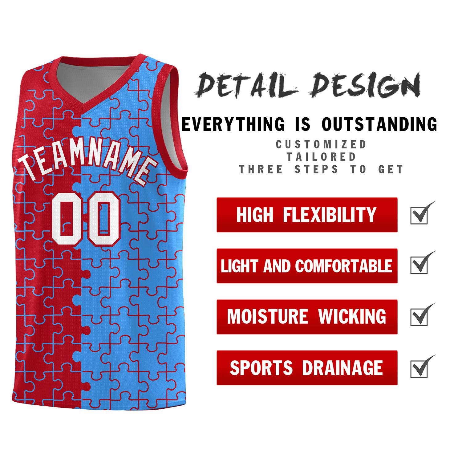 Custom Red Light Blue Splid Basketball Kits With Puzzle Pattern