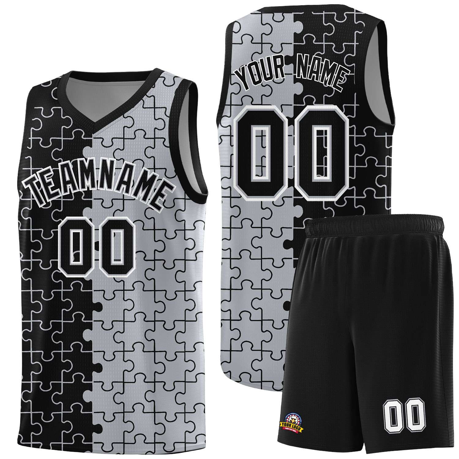Custom Black Gray Splid Basketball Kits With Puzzle Pattern