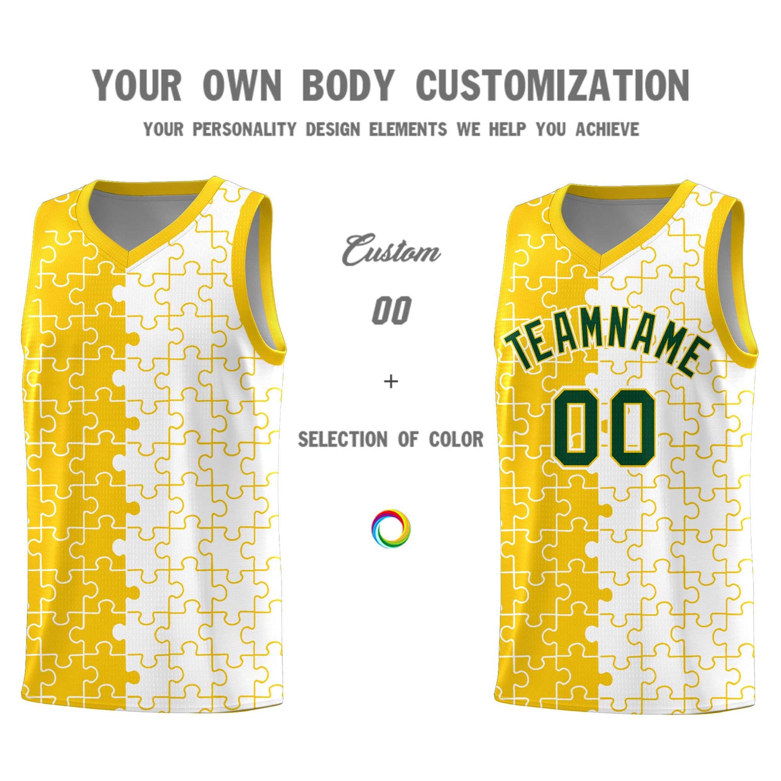 Custom Gold White Splid Basketball Kits With Puzzle Pattern