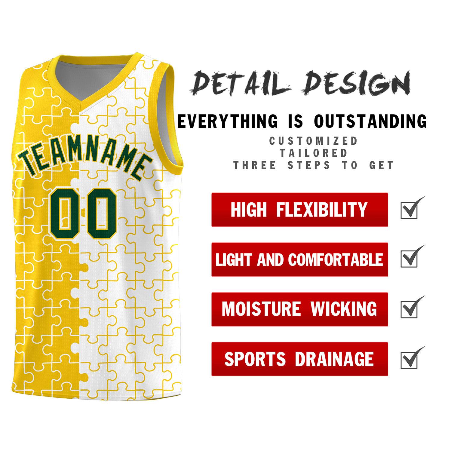 Custom Gold White Splid Basketball Kits With Puzzle Pattern