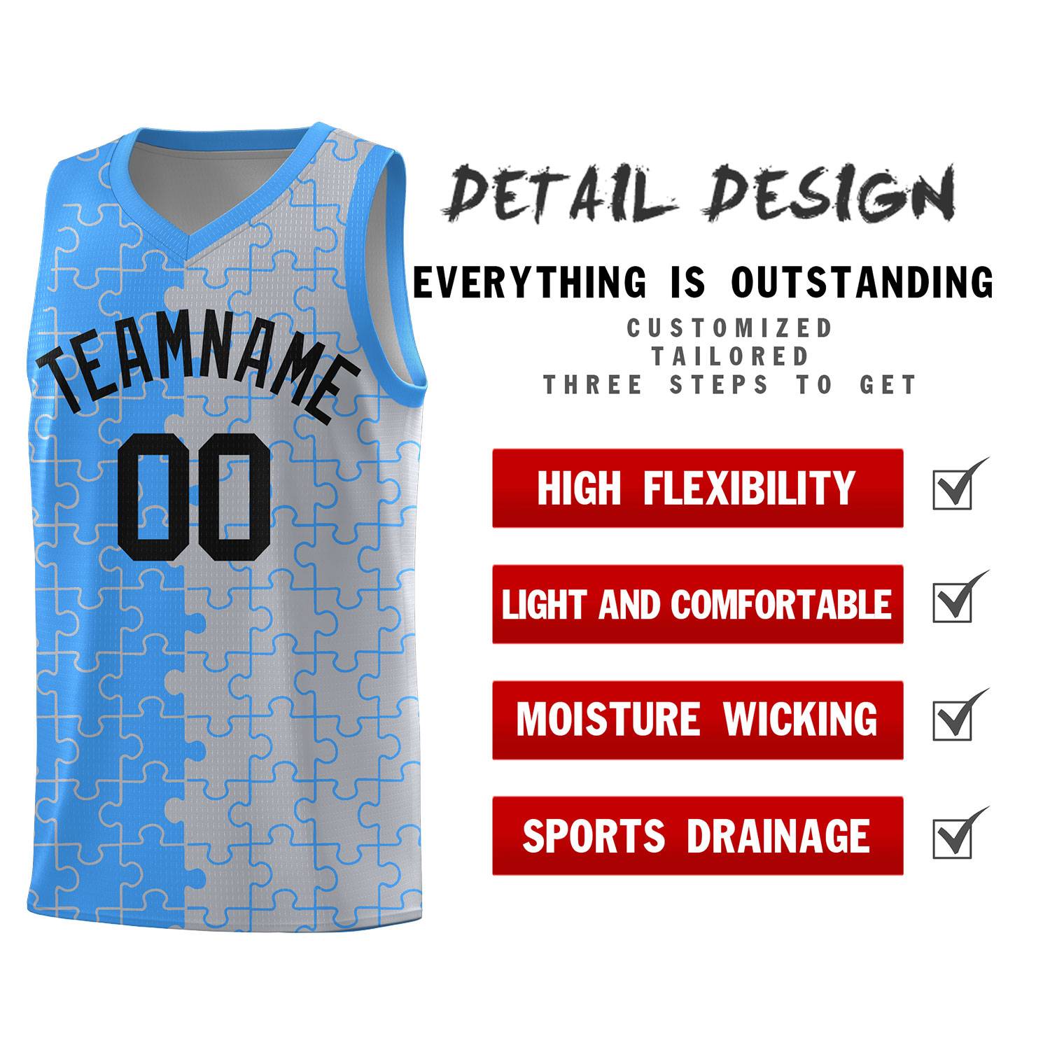 Custom Light Blue Gray Splid Basketball Kits With Puzzle Pattern
