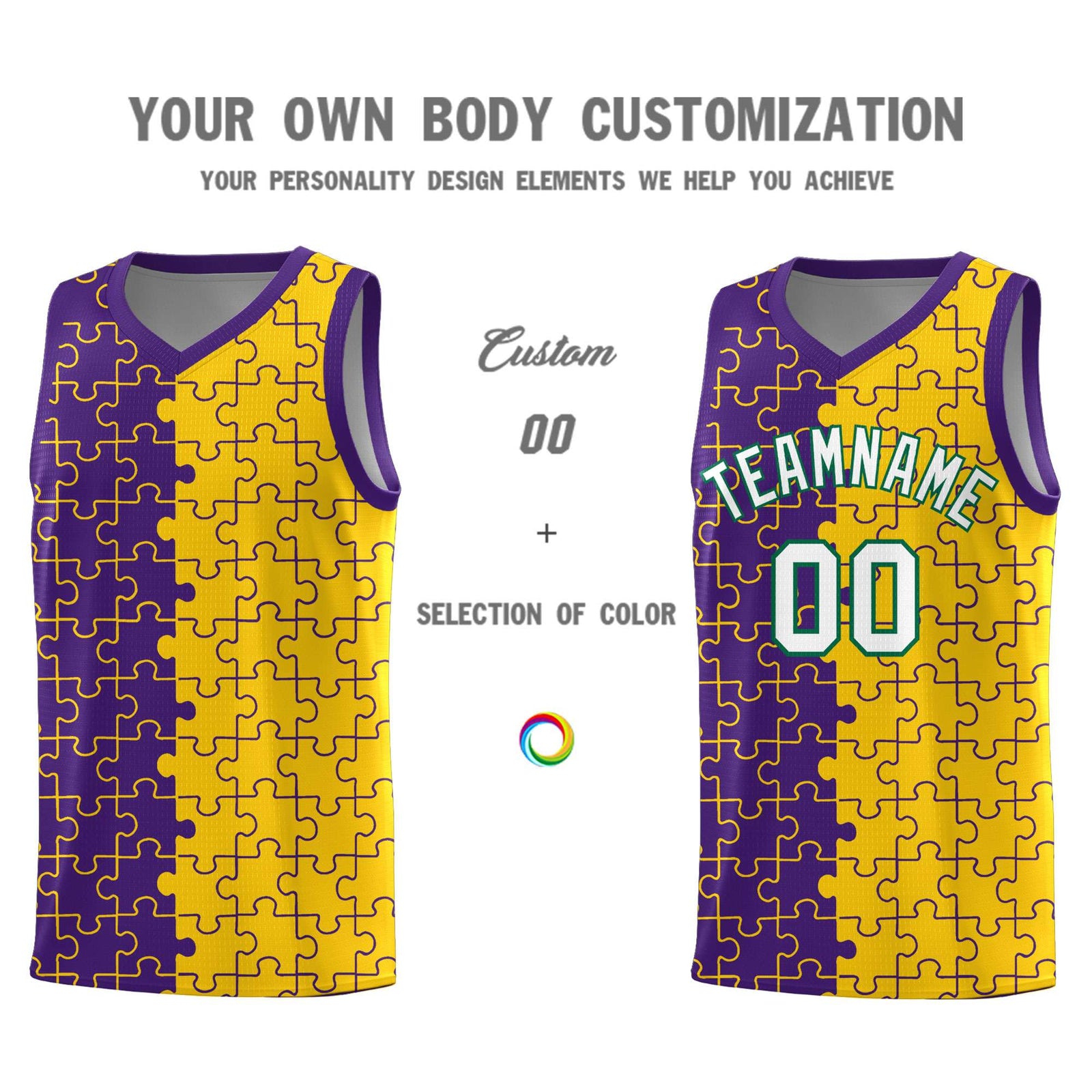 Custom Purple Gold Splid Basketball Kits With Puzzle Pattern