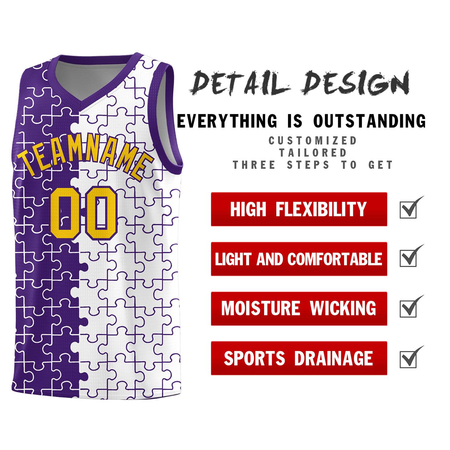 Custom Purple White Splid Basketball Kits With Puzzle Pattern