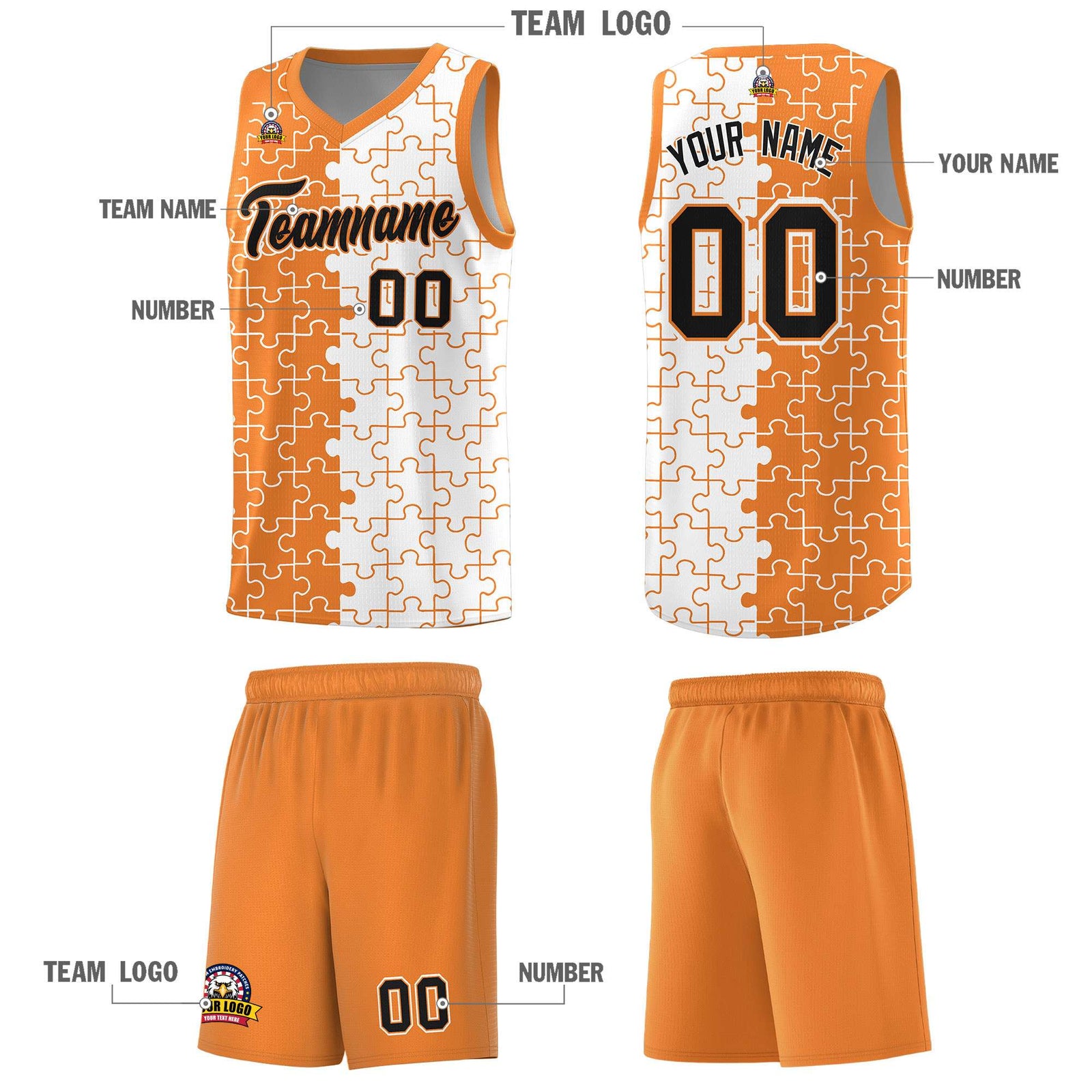 Custom Gold Orange White Splid Basketball Kits With Puzzle Pattern