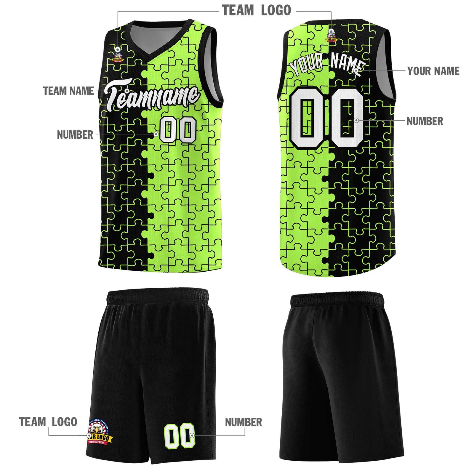 Custom Black Neon Green Splid Basketball Kits With Puzzle Pattern