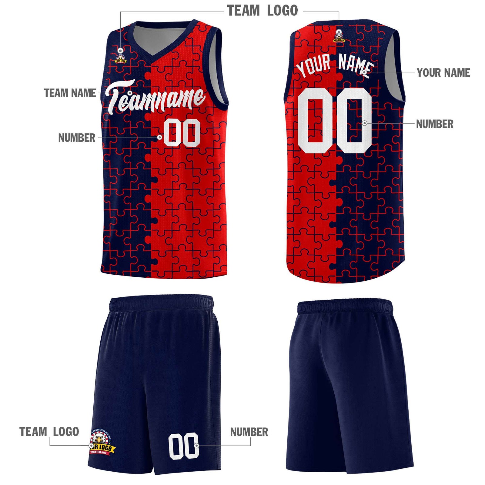 Custom Navy Red Splid Basketball Kits With Puzzle Pattern